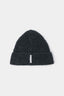 MKI MIYUKI ZOKU Cashmere Ribbed Beanie in Charcoal – front view showing the heavy gauge rib, single turn-up and woven MKI MIYUKI ZOKU tag