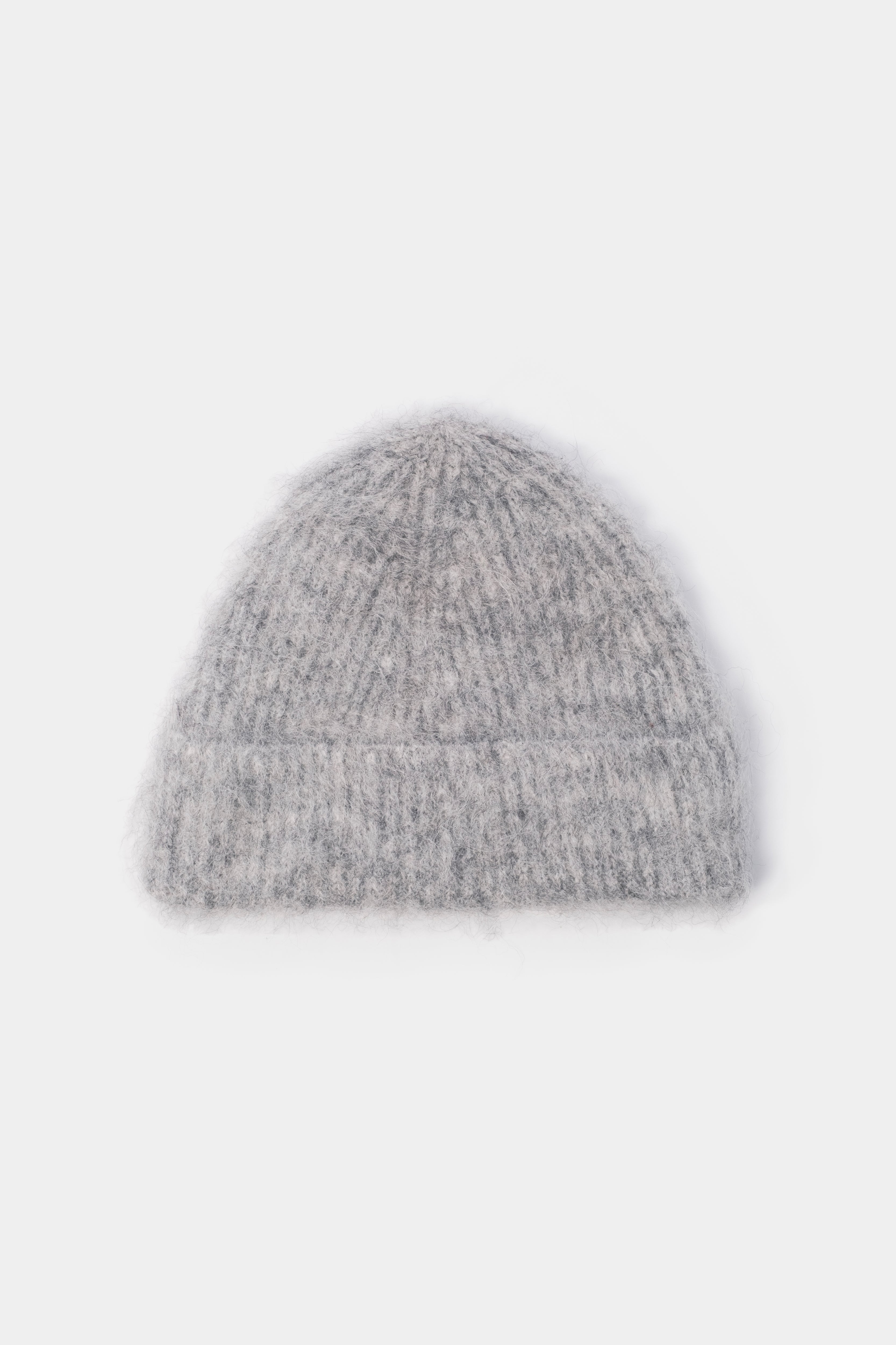 Reverse view of the Light Grey alpaca beanie showing the soft, hairy texture and turn-up