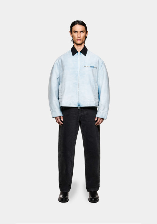 Men’s faded work jacket in light blue with zip front detail and  a relaxed boxy fit
