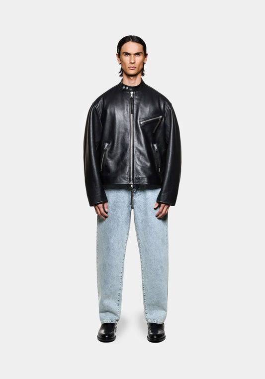 Men’s black leather racer jacket with front zip, oversized box fit and bleach wash relaxed jeans 