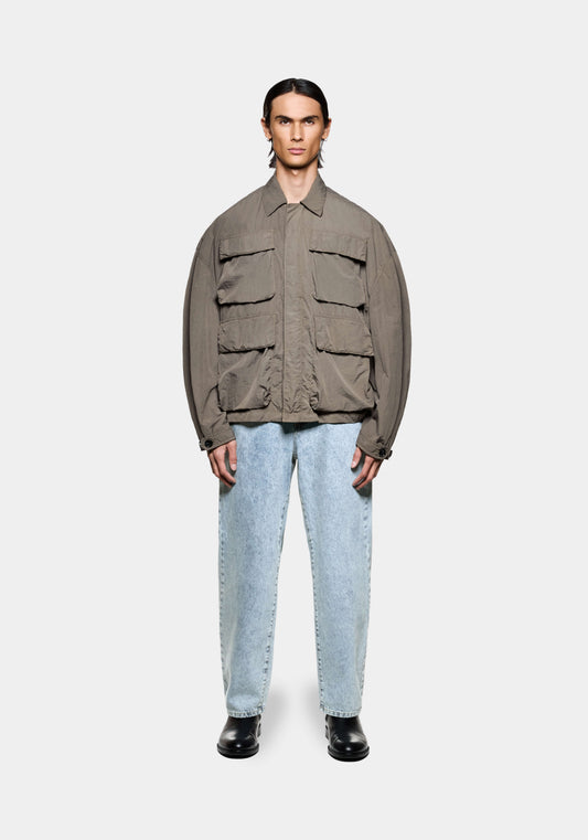 Men’s khaki box overshirt with oversized fit and utility pocket detailing