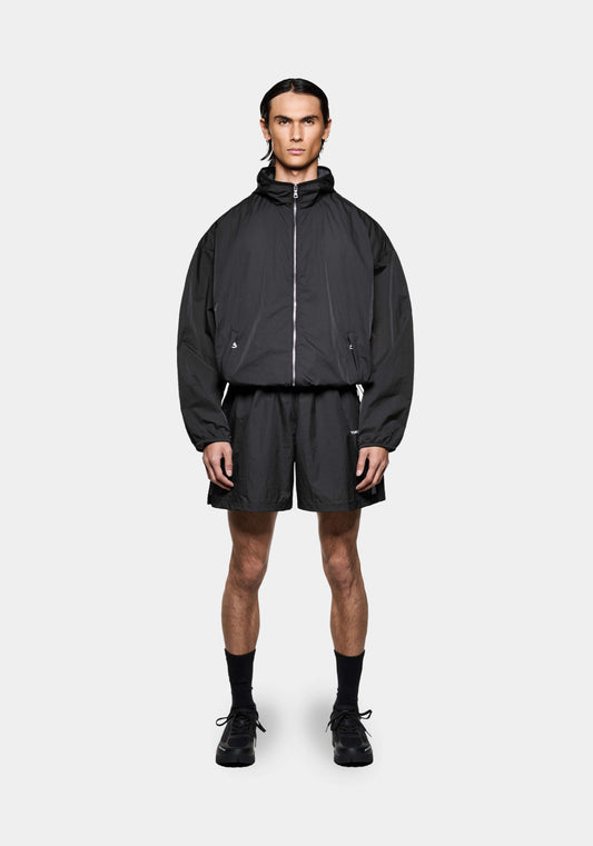 Men’s black hyperlight running jacket with hood, breathable back vent and lightweight performance fit