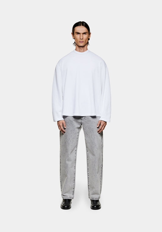Full view of the men's boxy MKI 220gsm cotton slub jersey long sleeve t-shirt in white