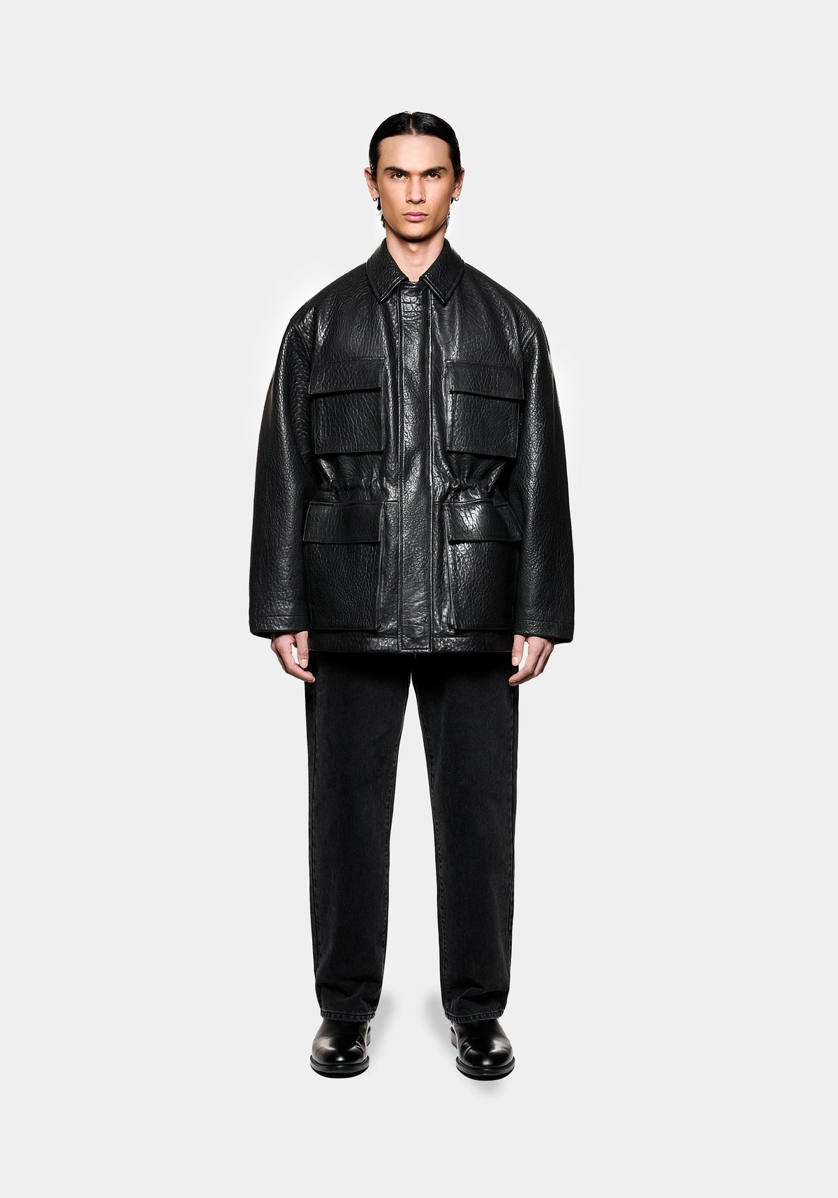 Full front view of the MKI MIYUKI ZOKU Bubble Leather Field Jacket in Black