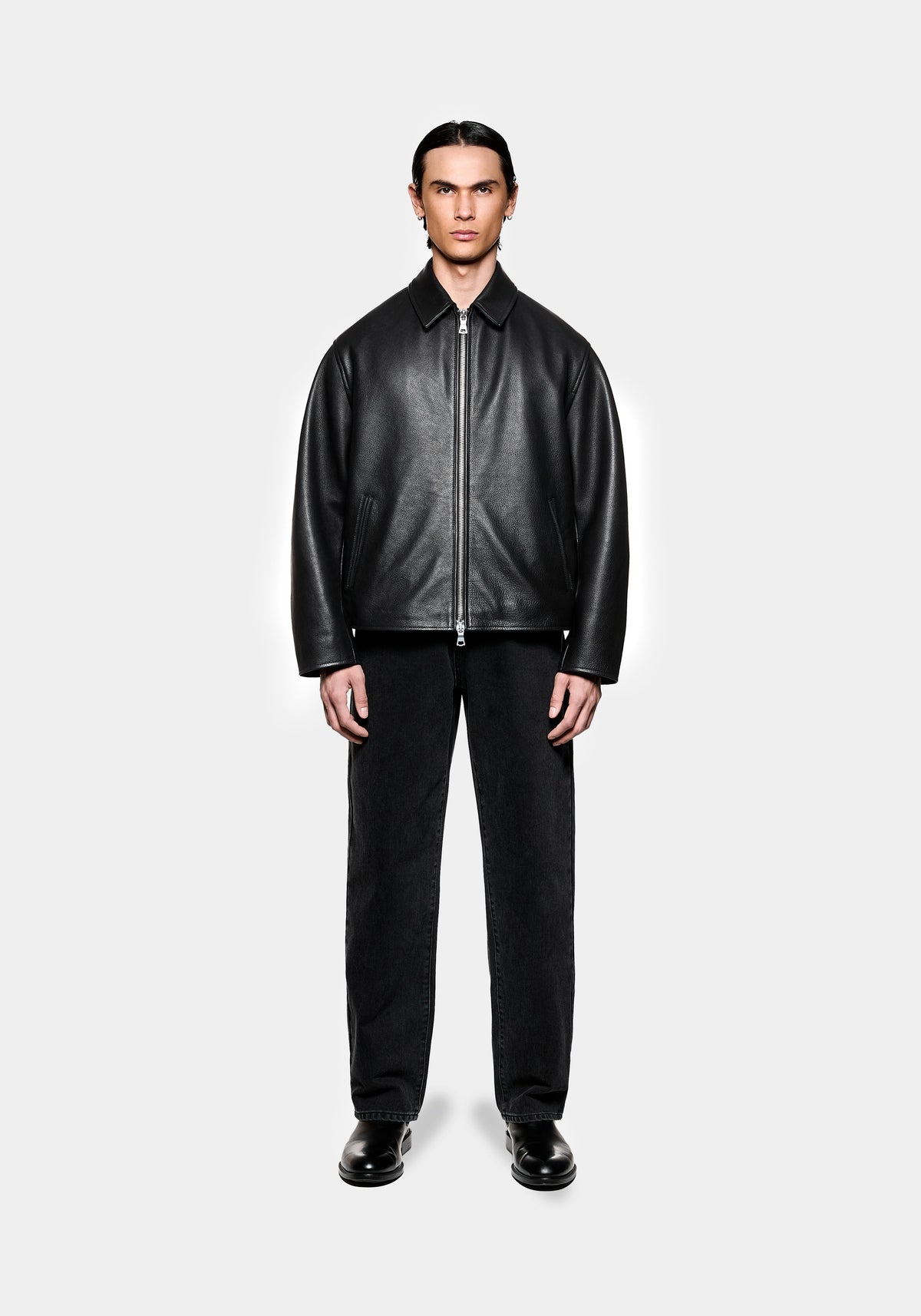 Full front view of the MKI MIYUKI ZOKU Cropped Leather Rider in Black