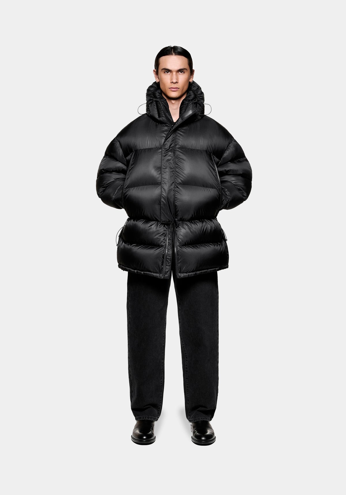 Full front view of the MKI MIYUKI ZOKU Apex Down Parka in Black, with the hood down