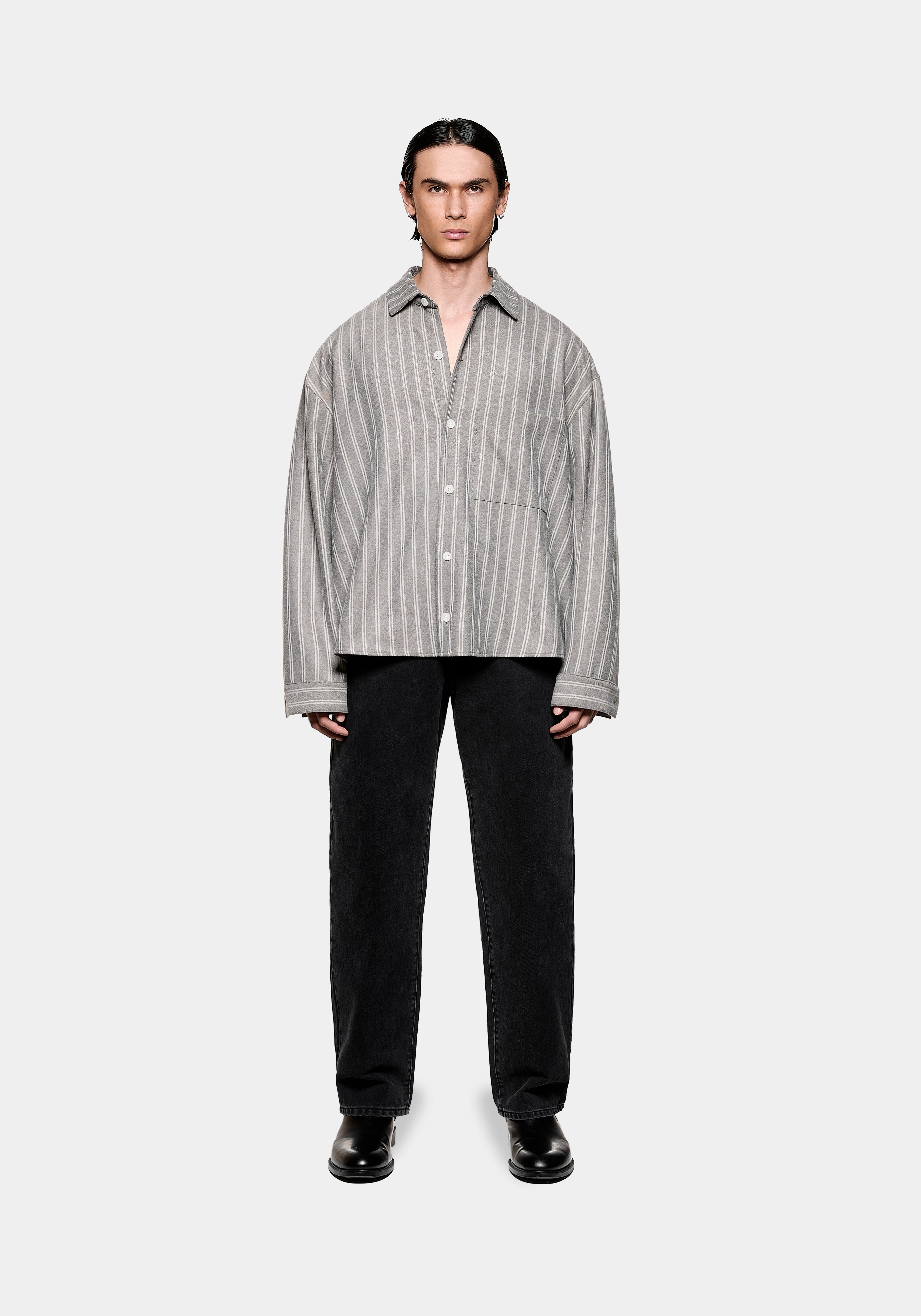 Full front view of the MKI MIYUKI ZOKU Box Dress Shirt in Grey Stripe, in a relaxed box fit