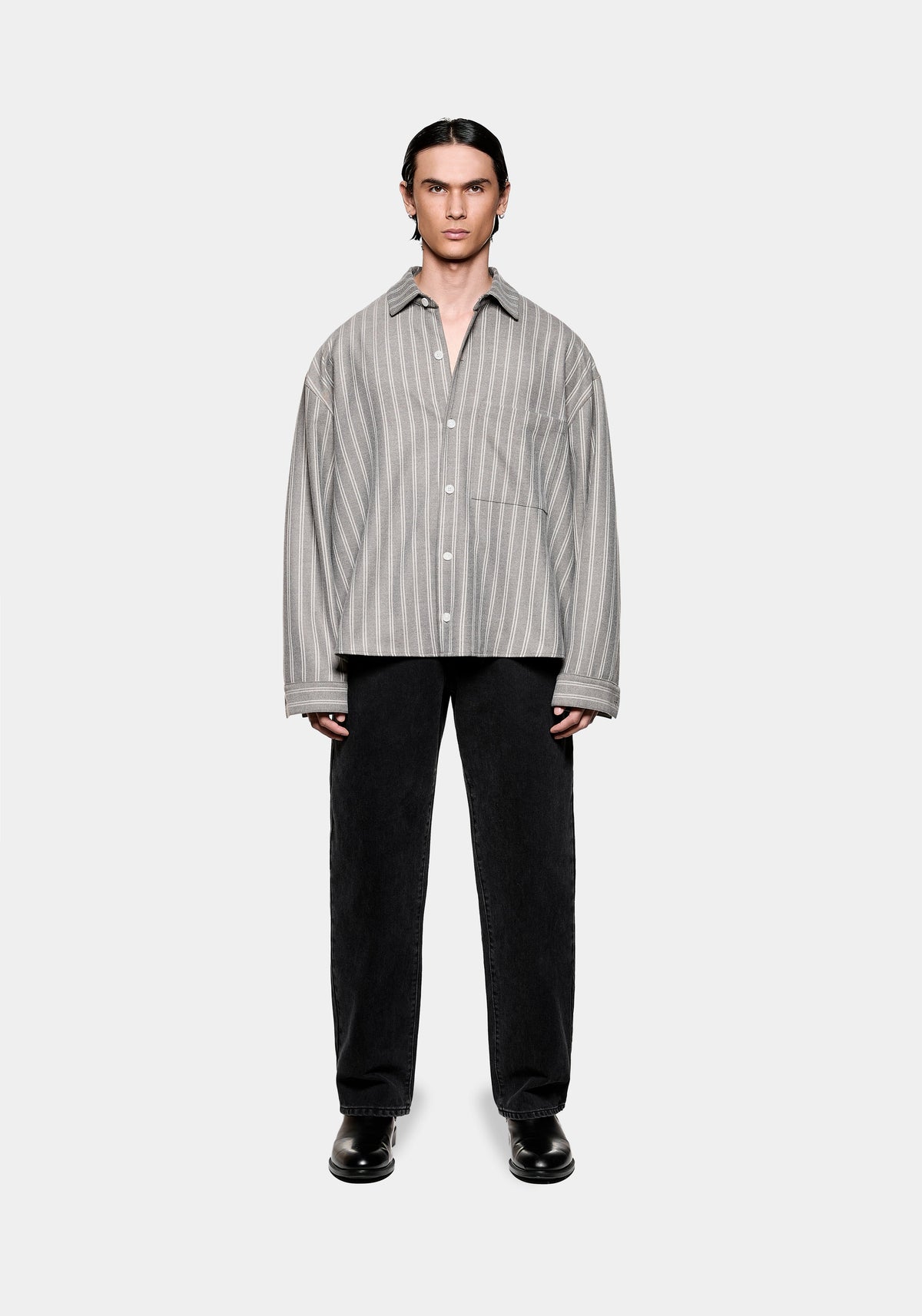 Full front view of the MKI MIYUKI ZOKU Box Dress Shirt in Grey Stripe, in a relaxed box fit