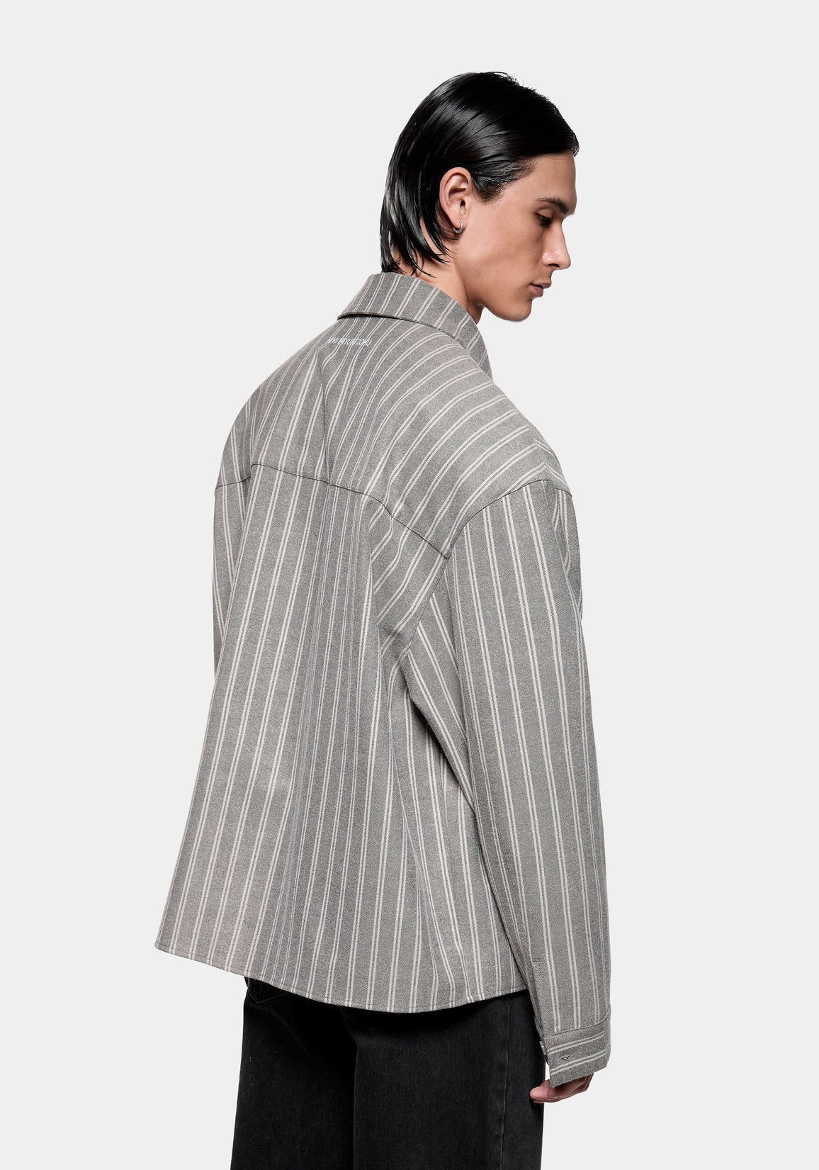 Side view of the Box Dress Shirt in Grey Stripe