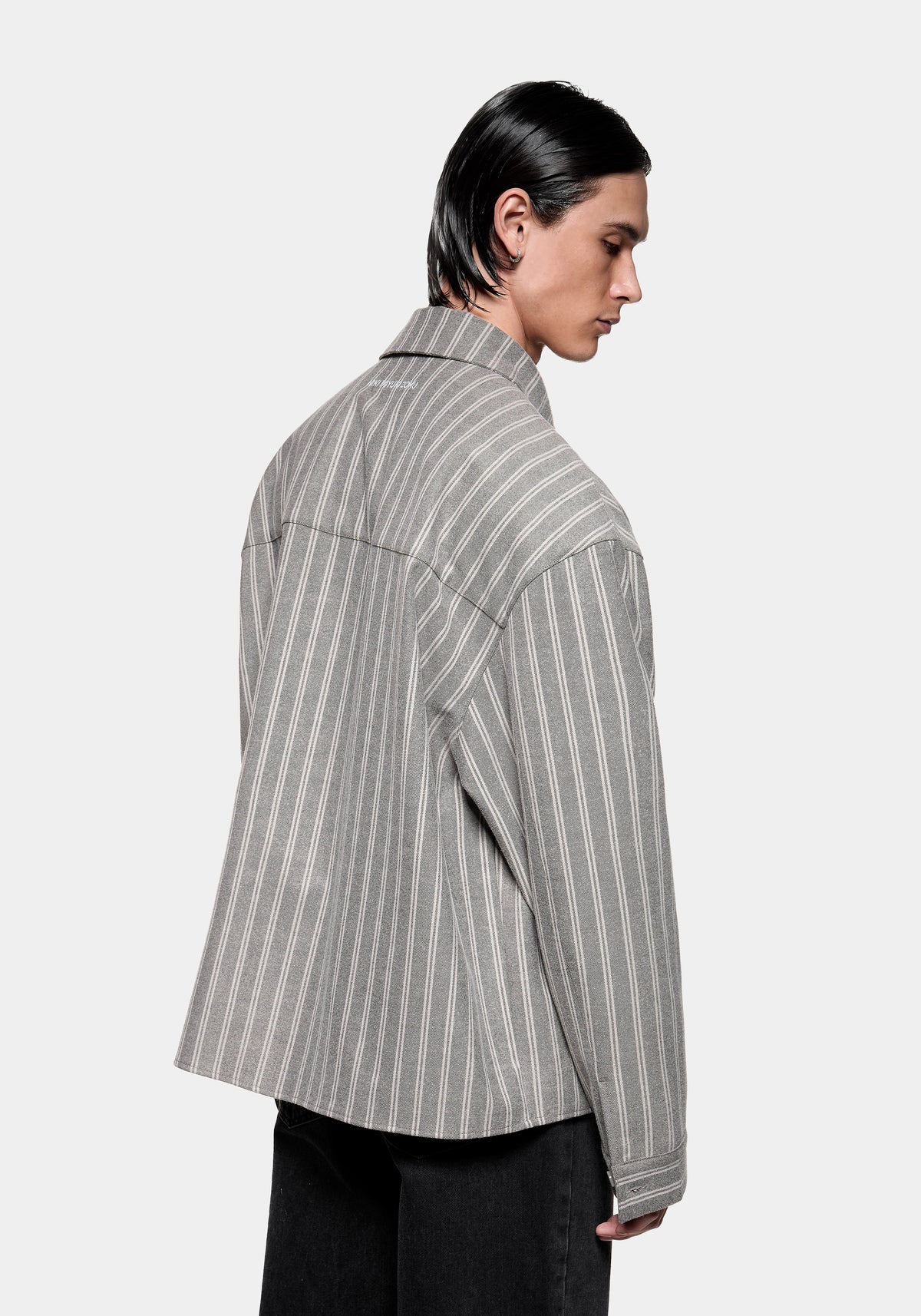 Side view of the Box Dress Shirt in Grey Stripe