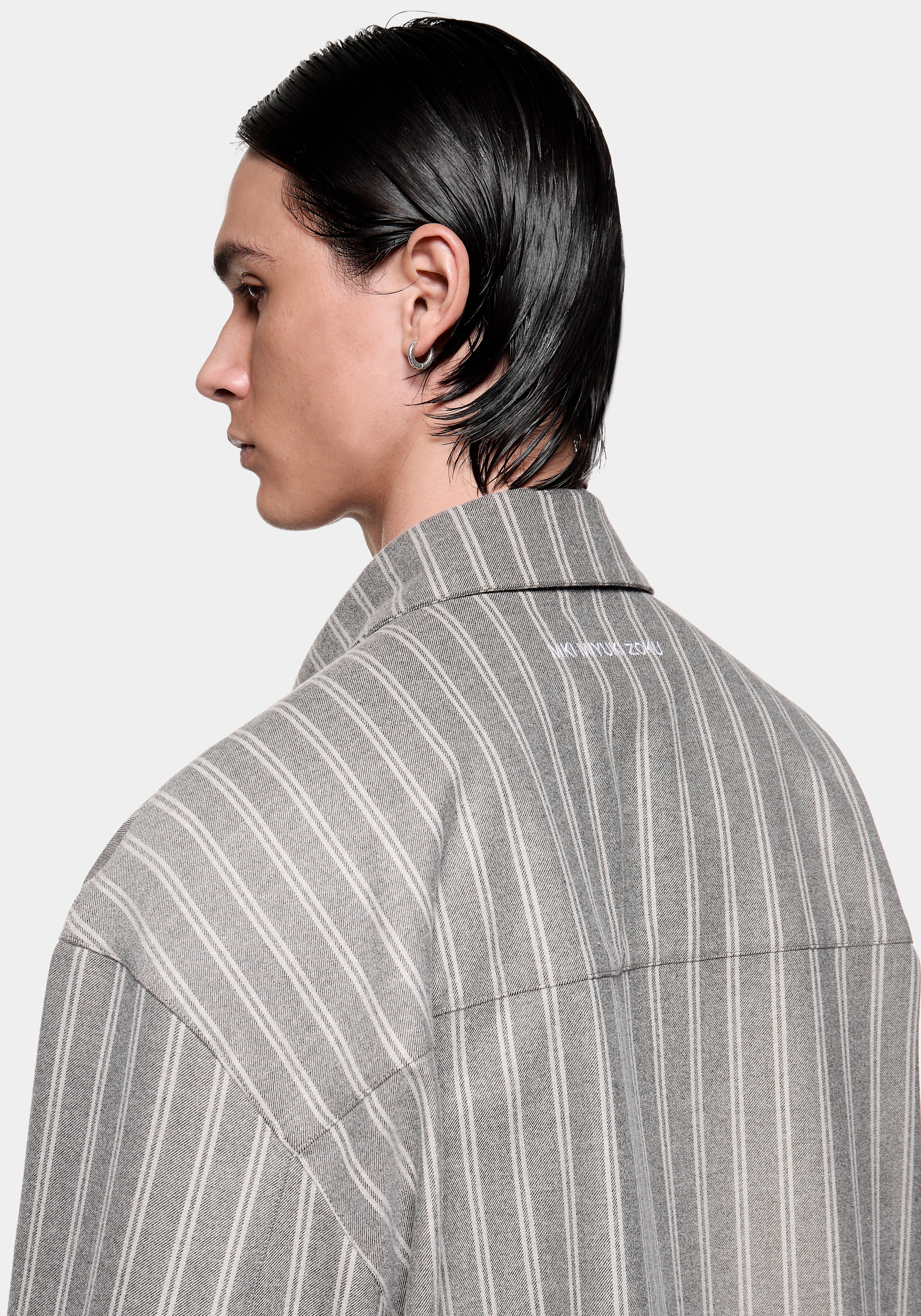 Profile view of the Box Dress Shirt in Grey Stripe