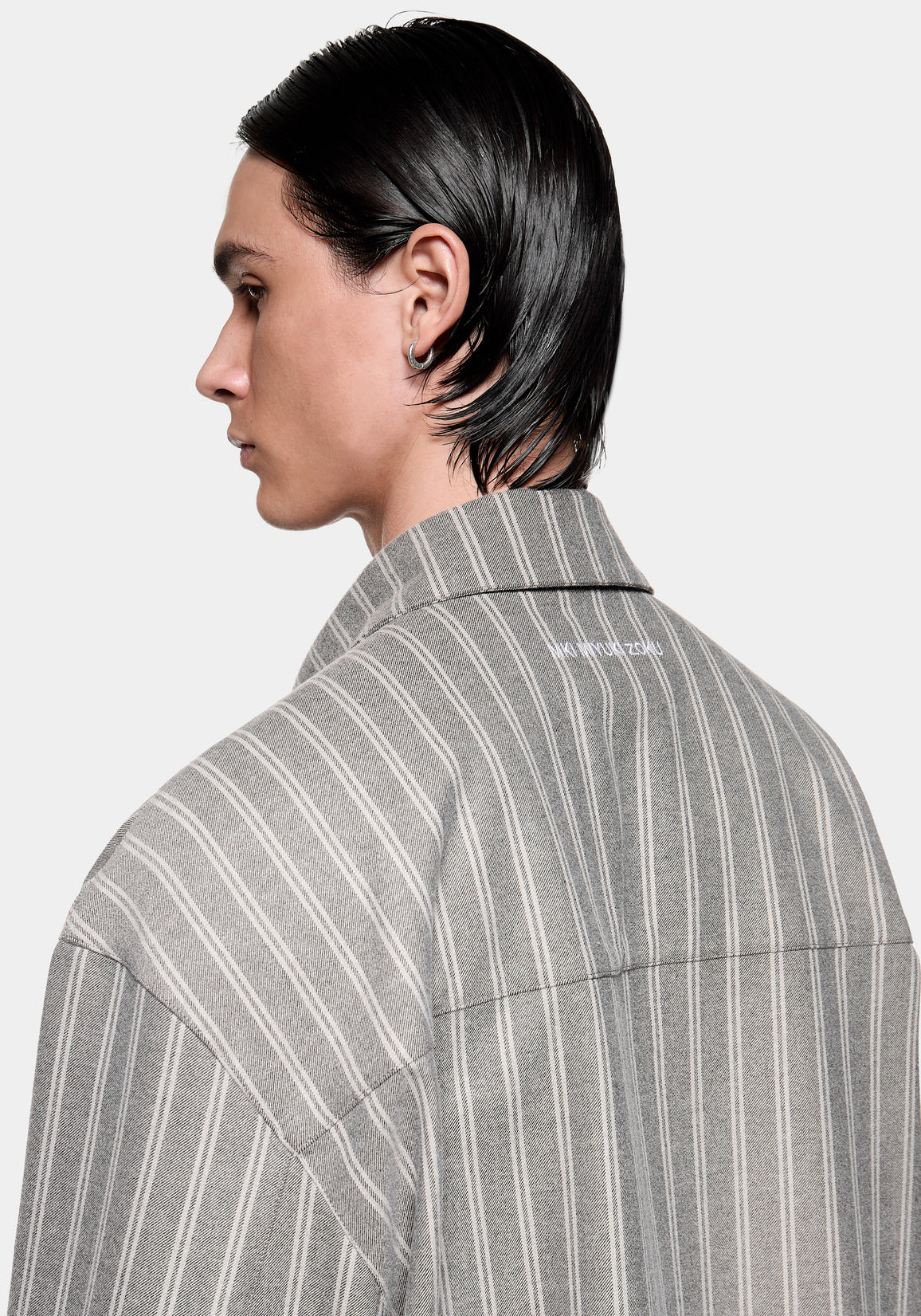 Profile view of the Box Dress Shirt in Grey Stripe