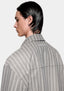 Profile view of the Box Dress Shirt in Grey Stripe