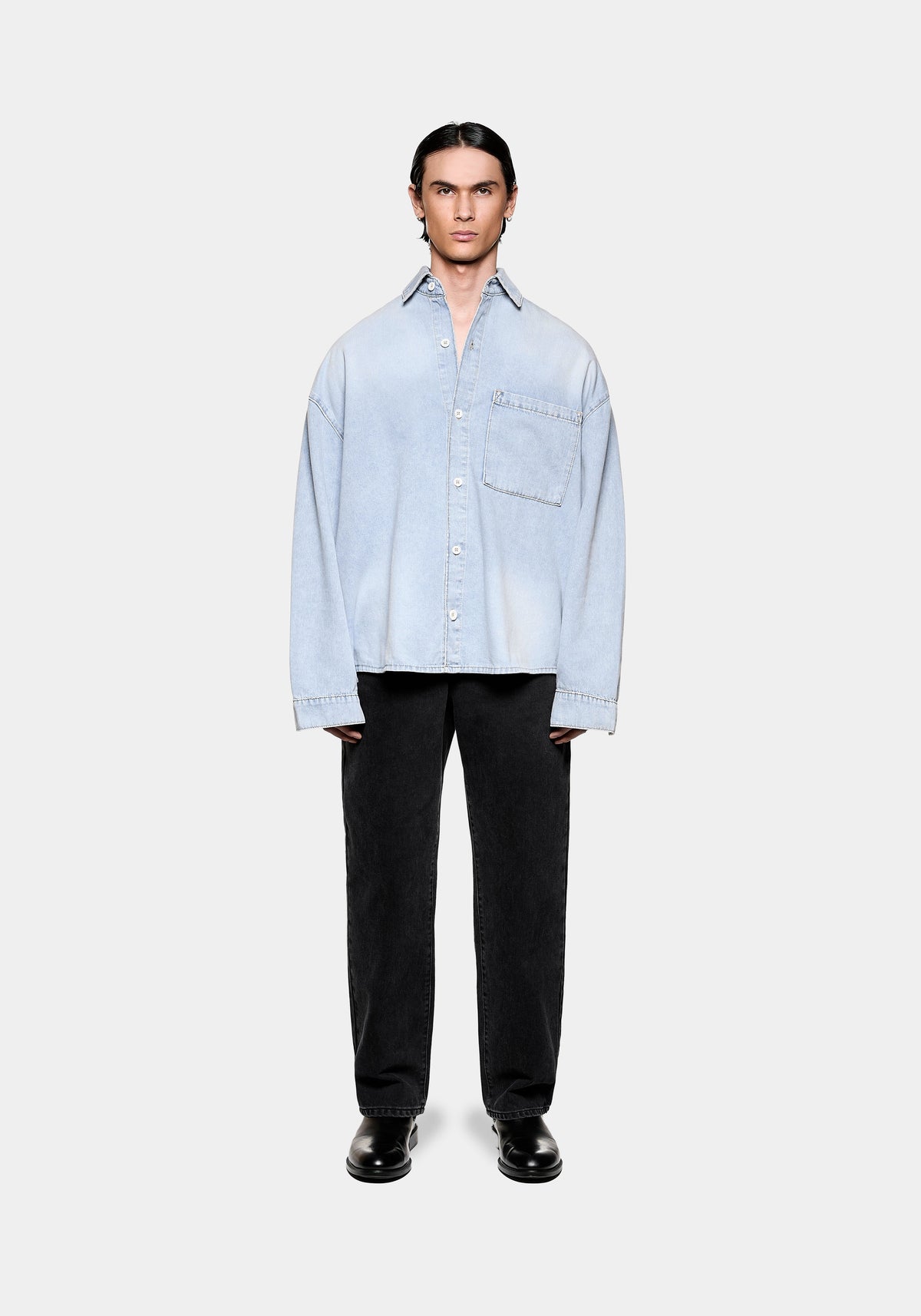 Full front view of the MKI MIYUKI ZOKU Box Dress Shirt in Sunfaded Denim, in a relaxed box fit