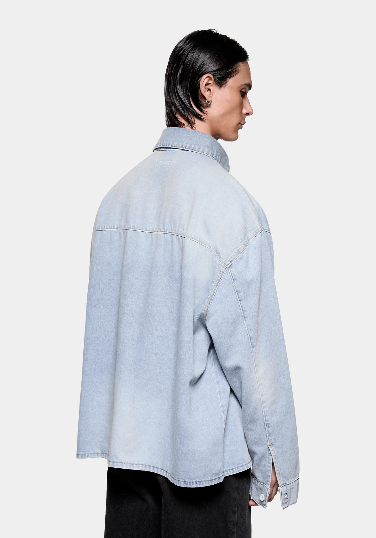 Full rear view of the Box Dress Shirt in Sunfaded Denim