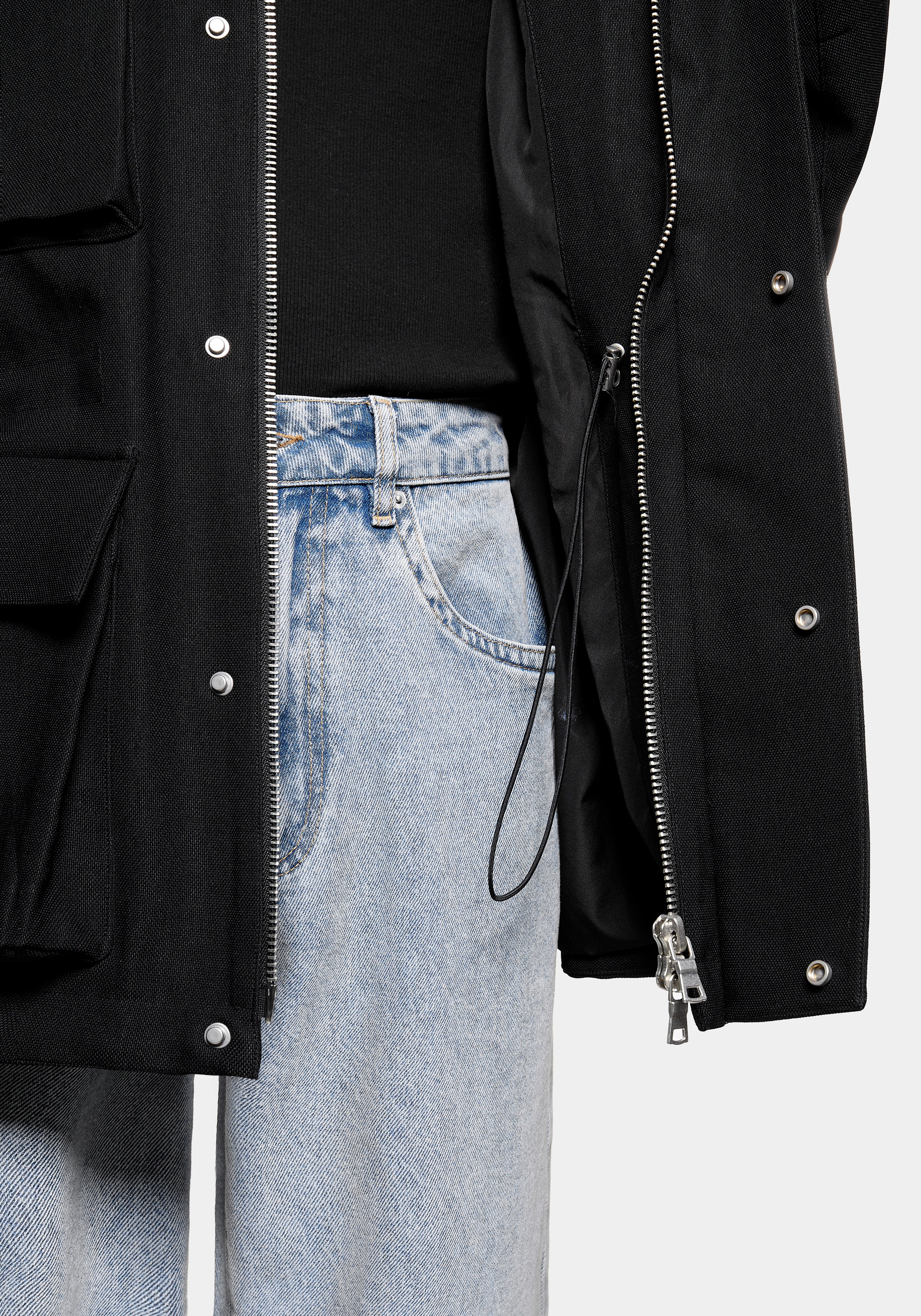 Close-up of the two-way zip and press stud placket