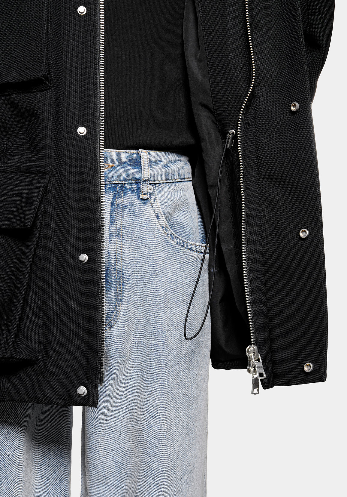 Close-up of the two-way zip and press stud placket