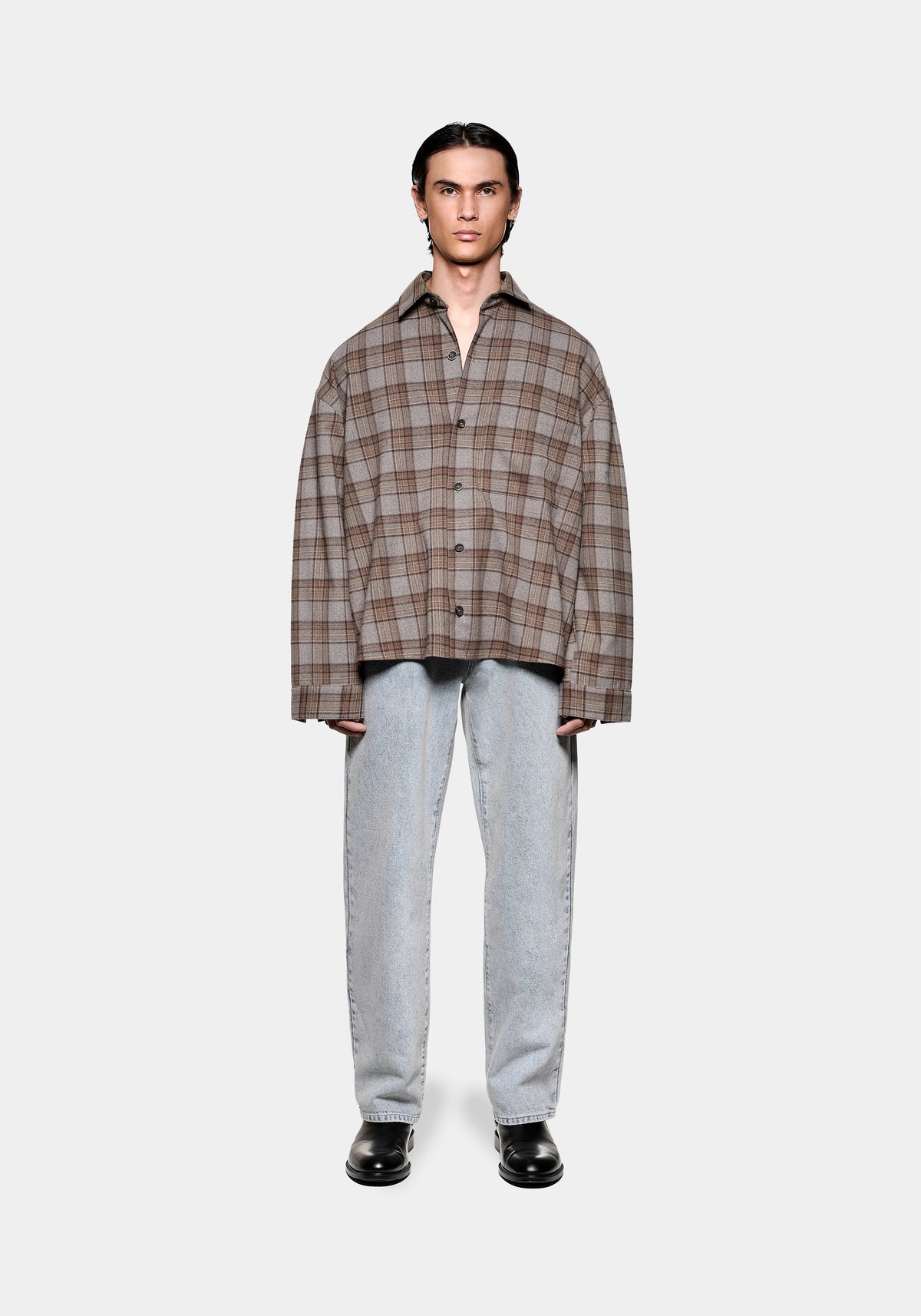 Full front view of the MKI MIYUKI ZOKU Box Dress Shirt in Brown Check, in a relaxed box fit