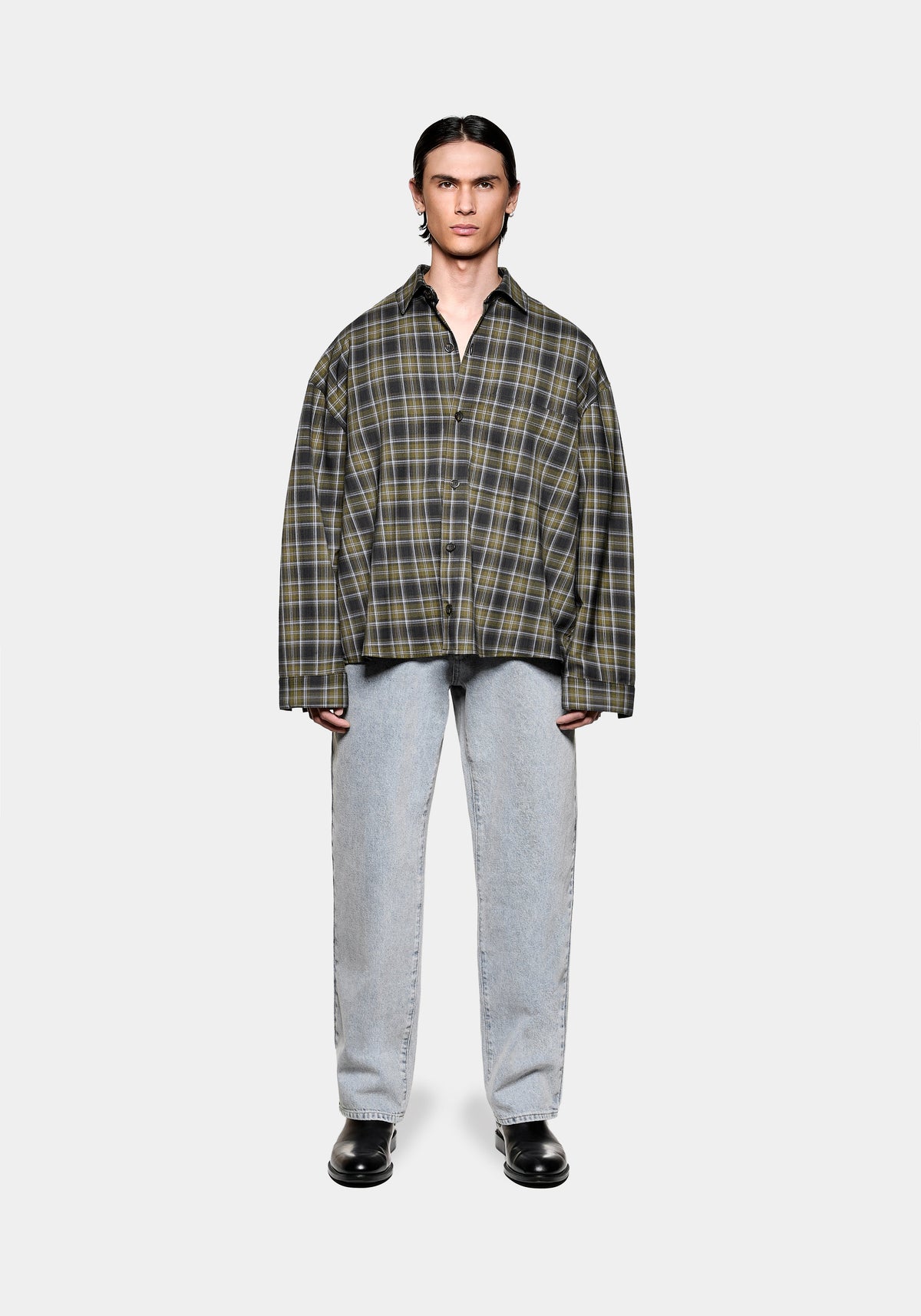 Full front view of the MKI MIYUKI ZOKU Box Dress Shirt in Green Check, in a relaxed box fit