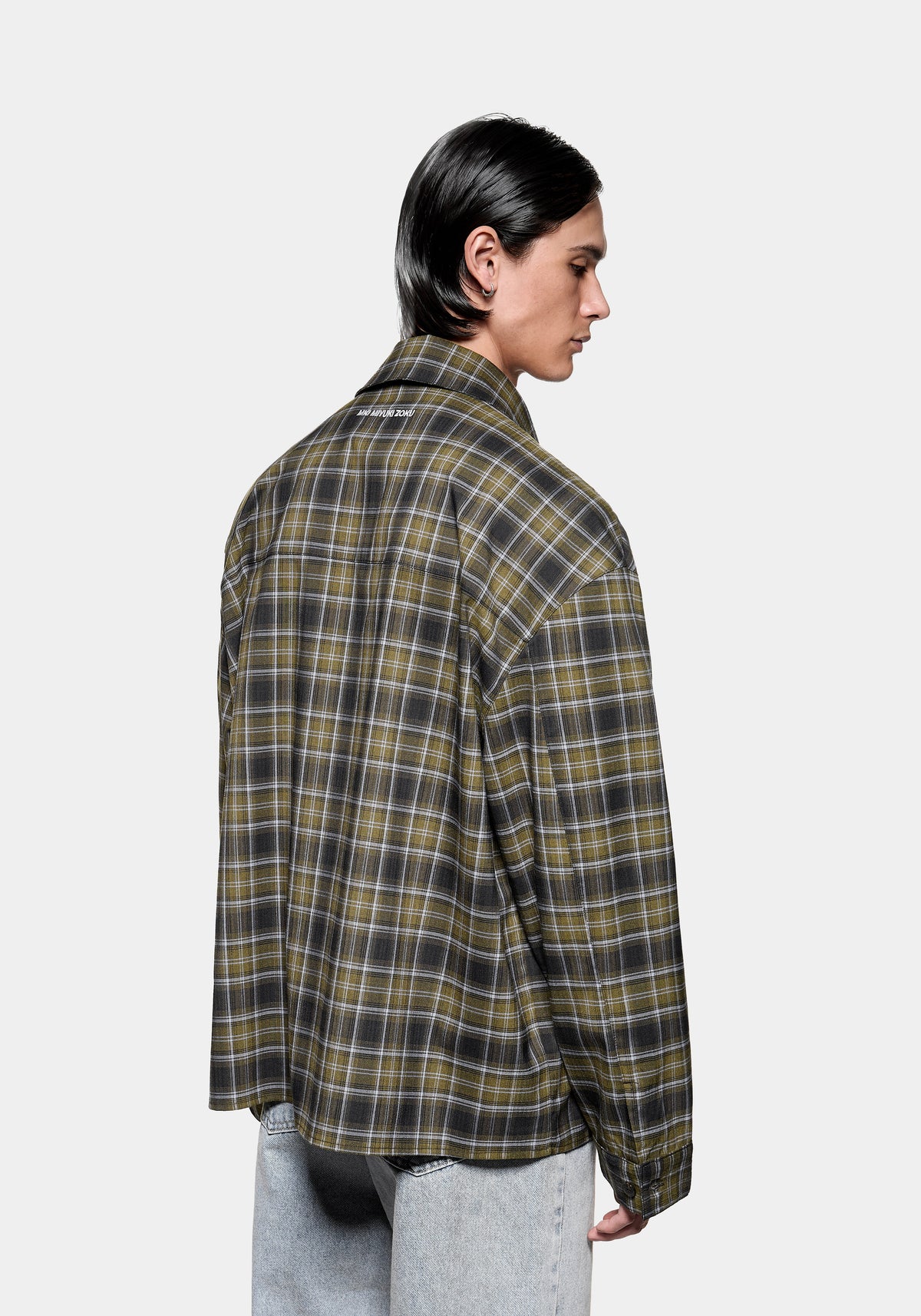Front view showing the collar on the Box Dress Shirt in Green Check