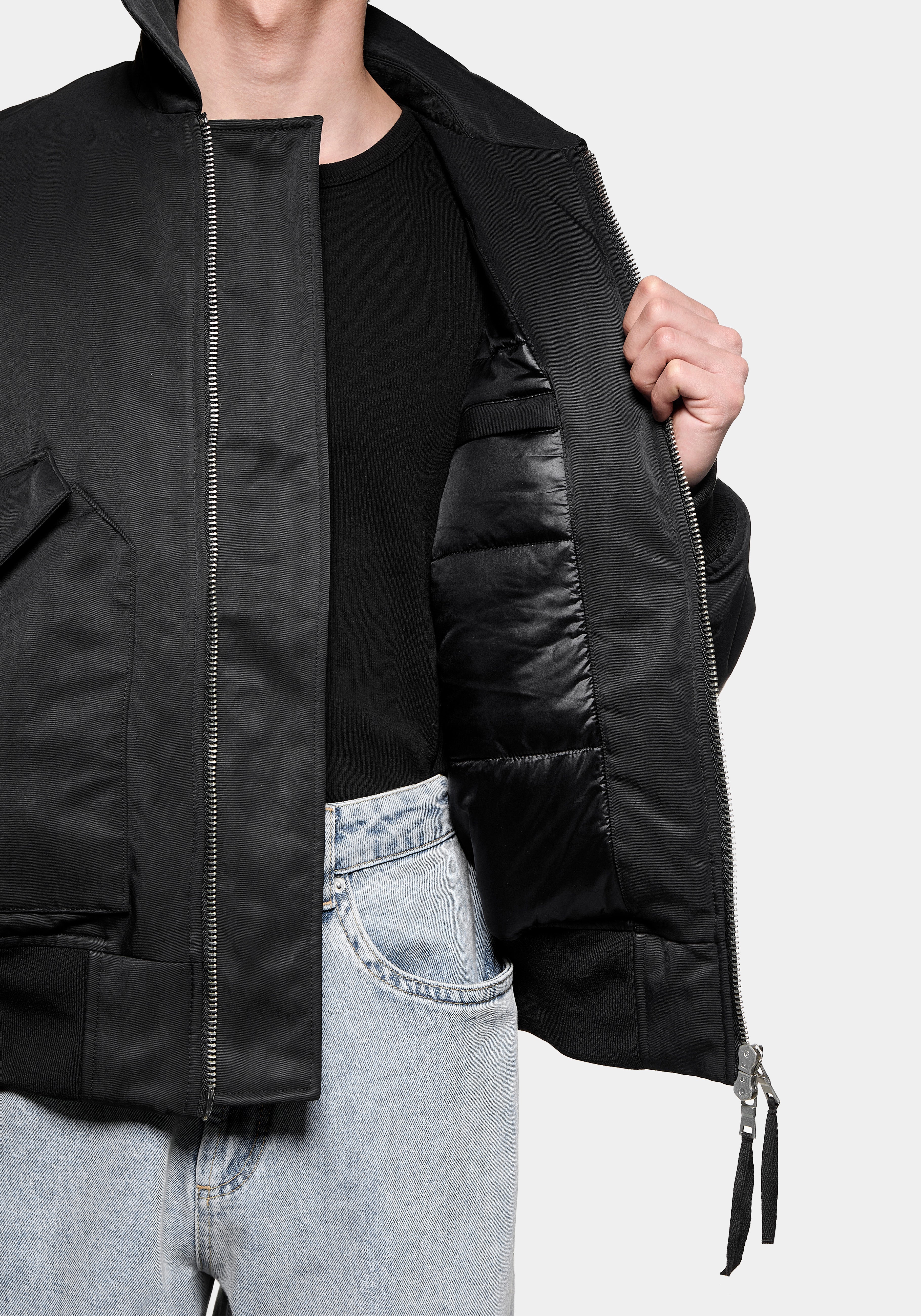 Front view with the jacket open, showing the quilted high-shine lining
