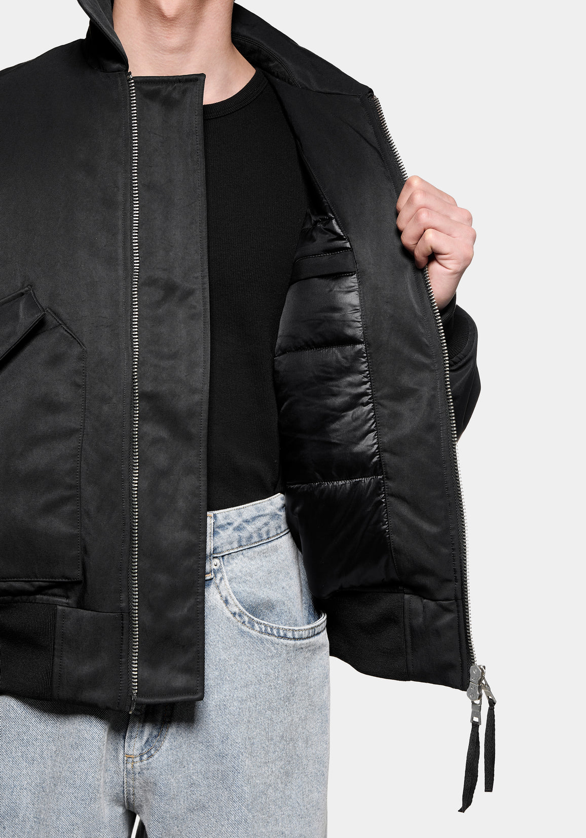 Front view with the jacket open, showing the quilted high-shine lining