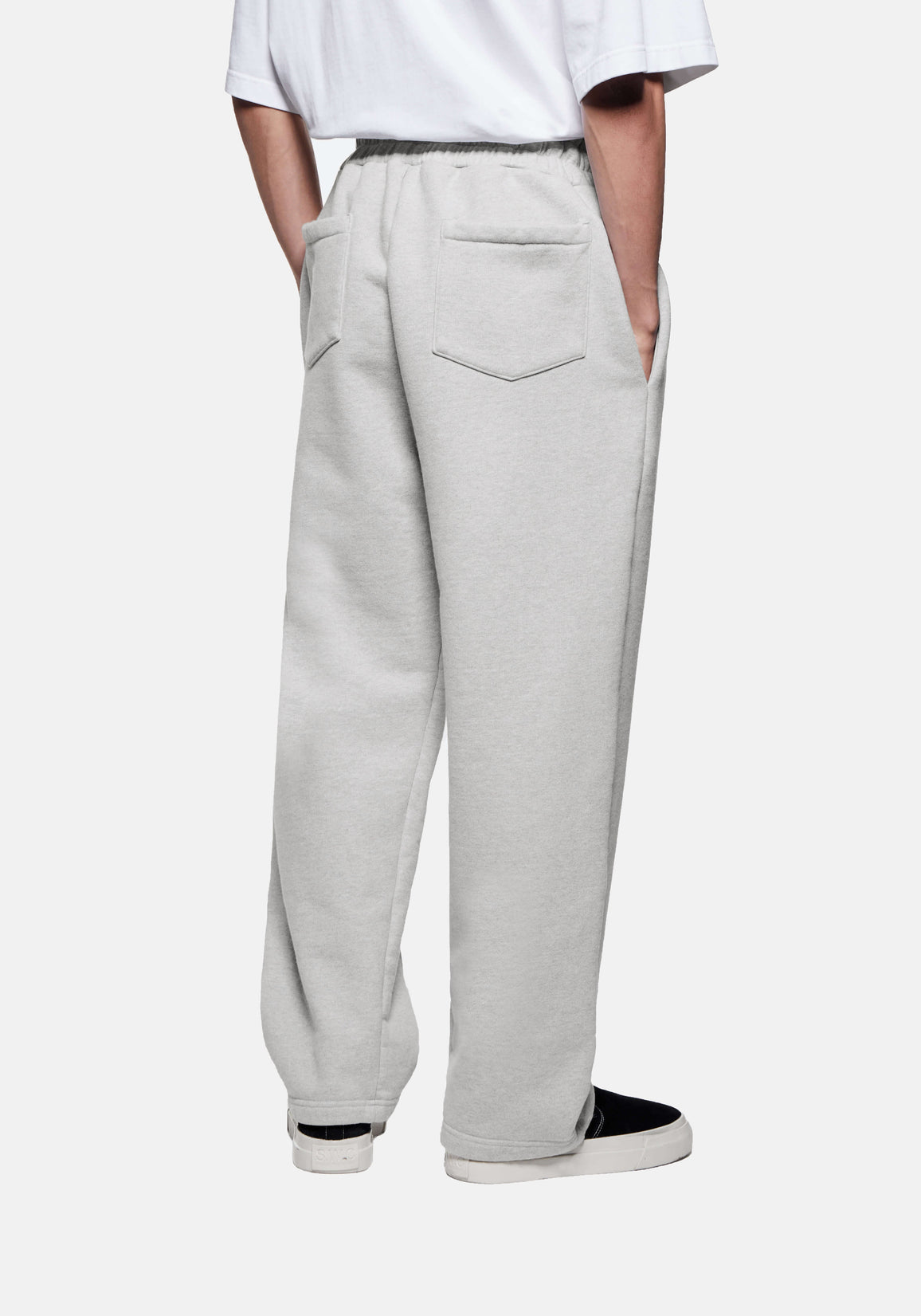 Back three-quarter view of the Grey Wide Leg Joggers showing the rear patch pocket