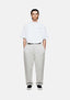 MKI MIYUKI ZOKU 800 GSM Superweight Wide Leg Joggers in Oatmeal – full-length front view on the model showing the wide leg, front pleats and open hems