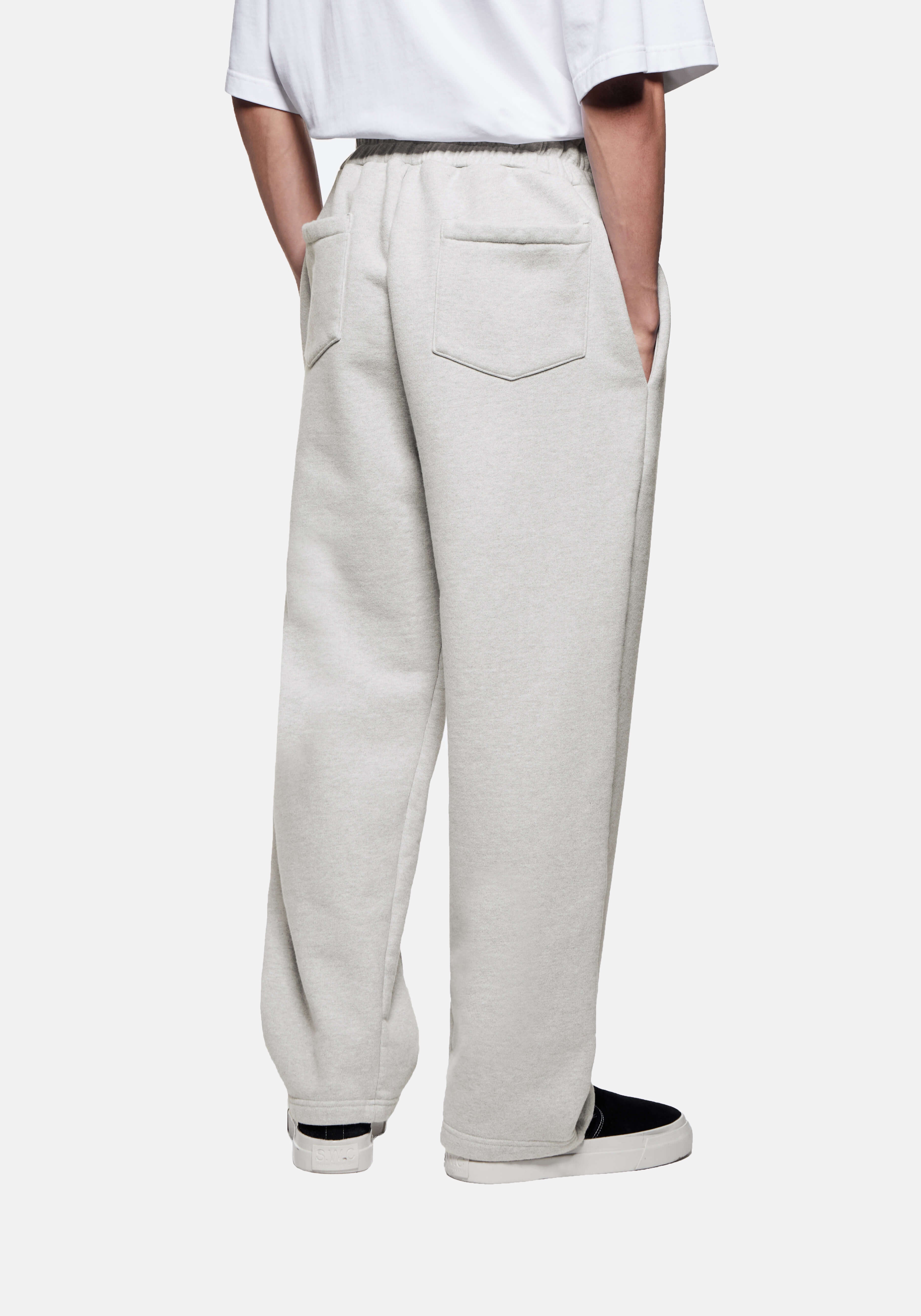 Back three-quarter view of the Oatmeal Wide Leg Joggers showing the rear patch pocket