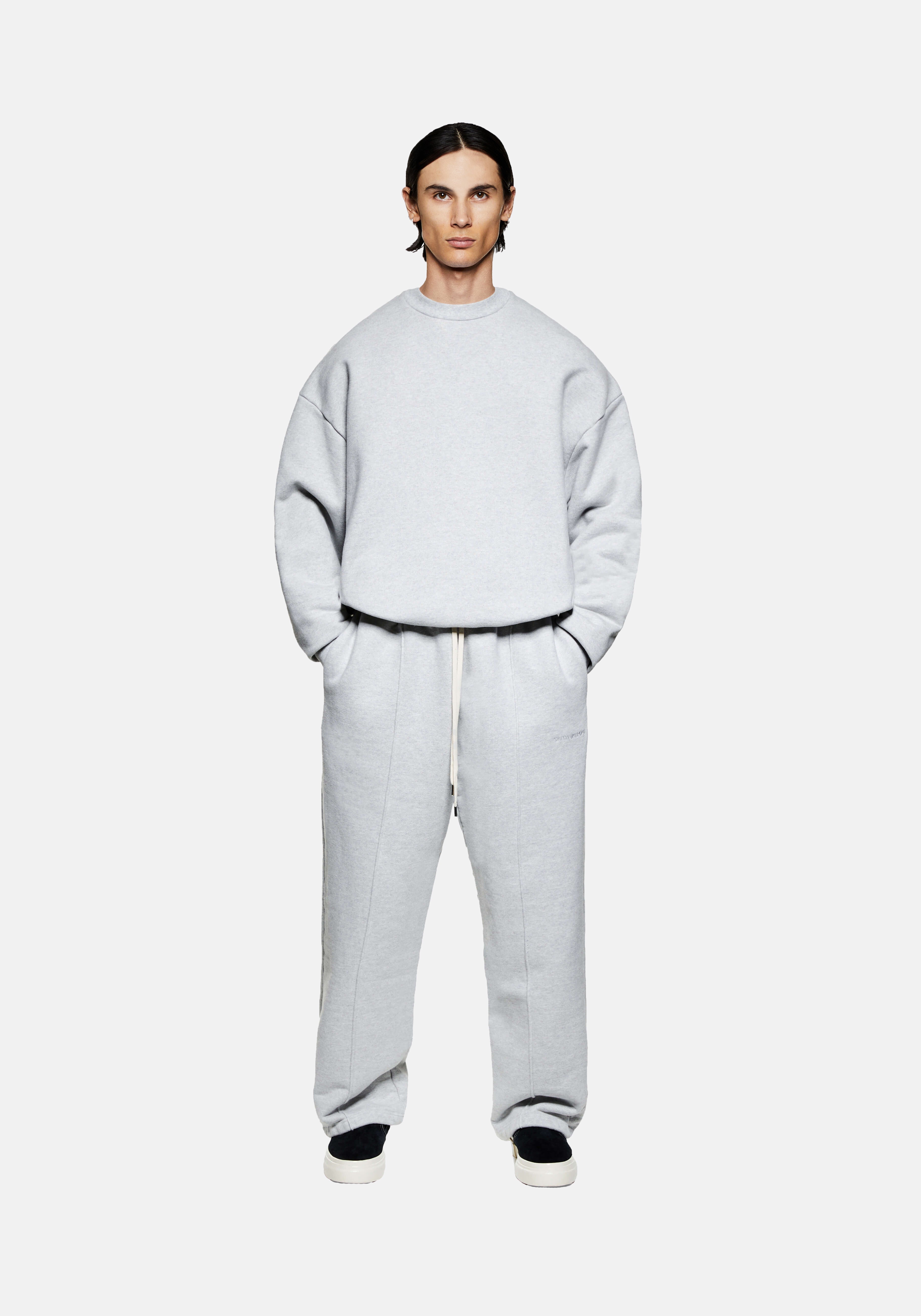 Full front view of the MKI MIYUKI ZOKU 800 GSM Superweight Crewneck in Grey, in a boxy oversized fit