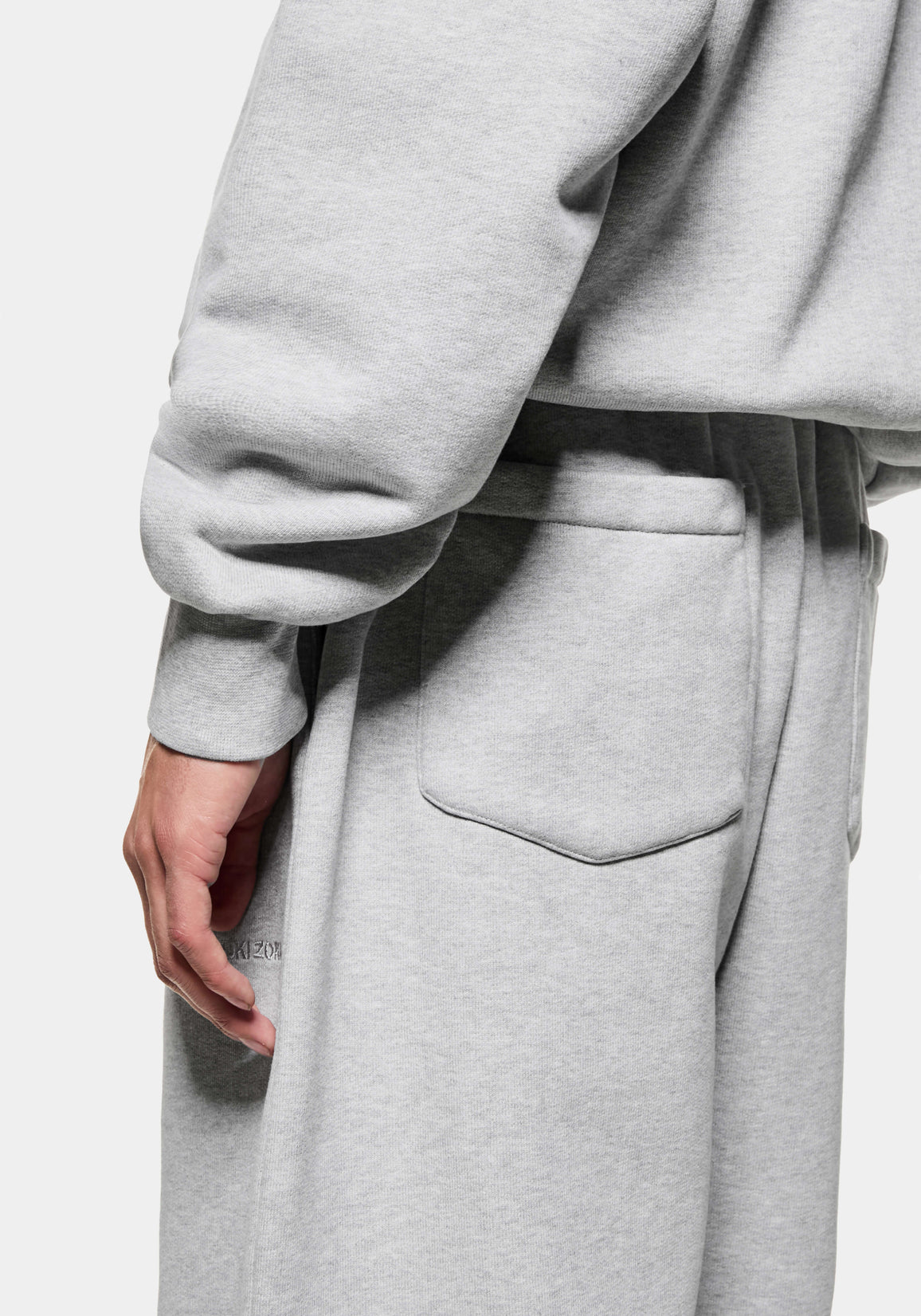 Close-up of the ribbed cuffs on the Superweight Crewneck in Grey