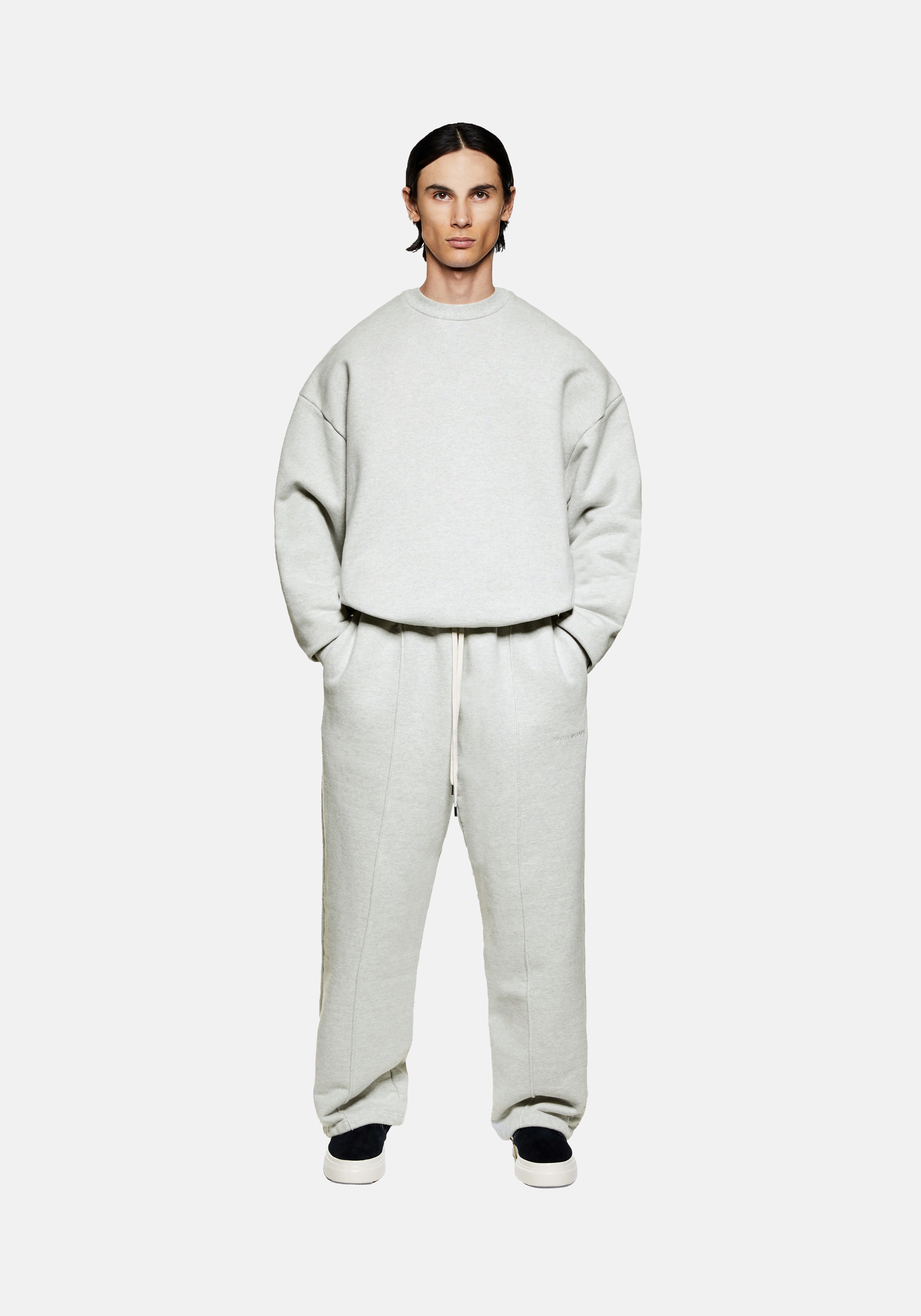 MKI MIYUKI ZOKU 800 GSM Superweight Crewneck in Oatmeal – full-length front view on the model, worn with matching oatmeal Superweight wide leg joggers