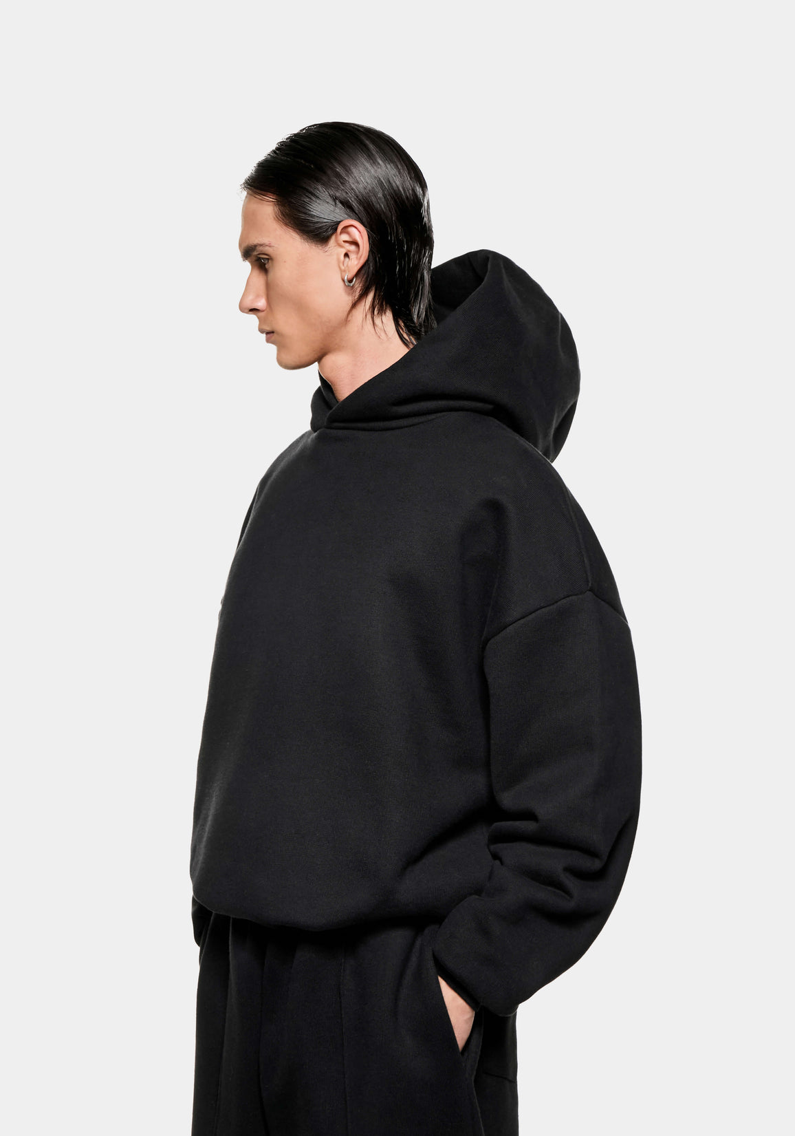 Front side view of the Superweight Hoody in Black