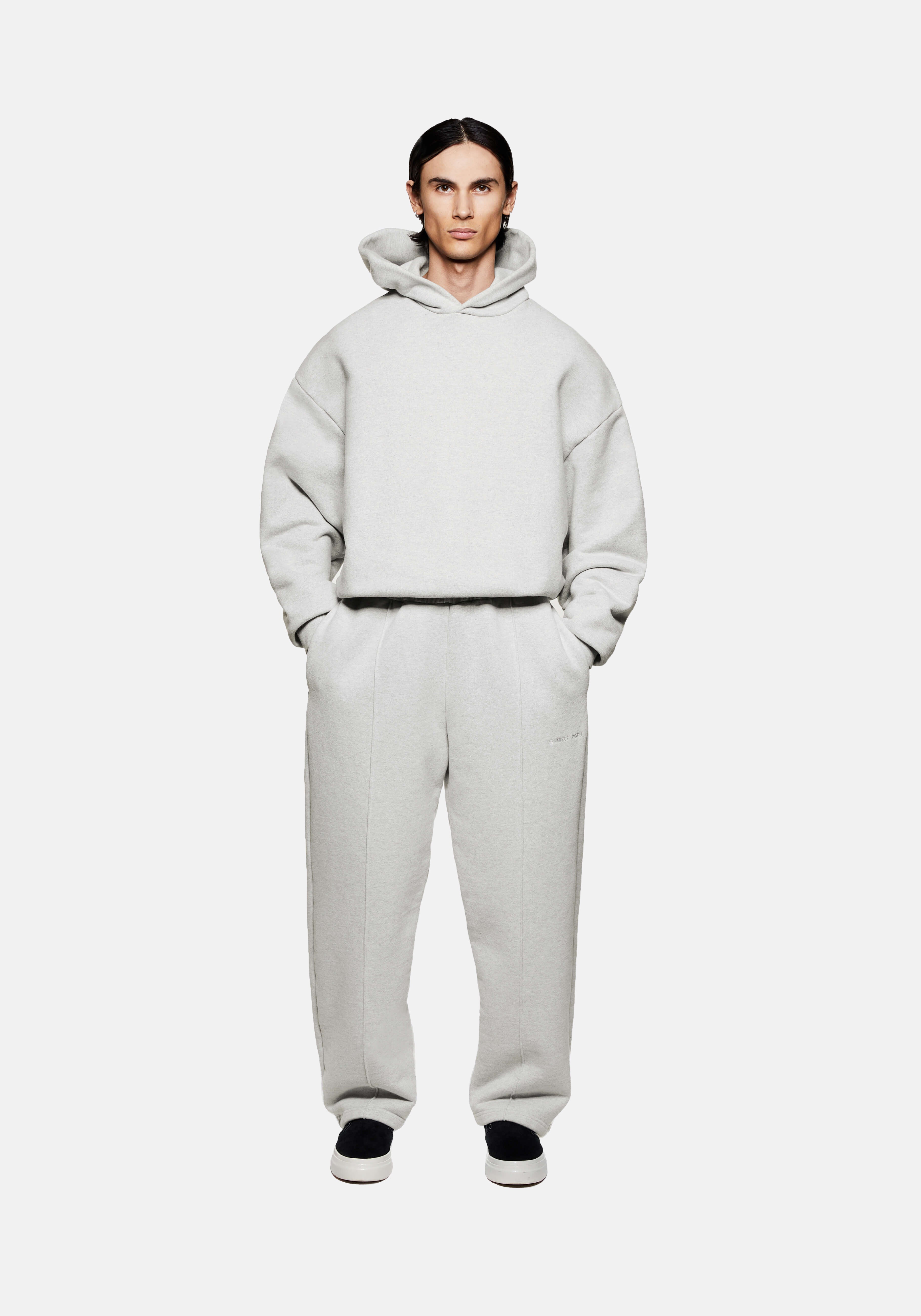 Full front view of the MKI MIYUKI ZOKU 800 GSM Superweight Hoody in Oatmeal, in a boxy oversized fit