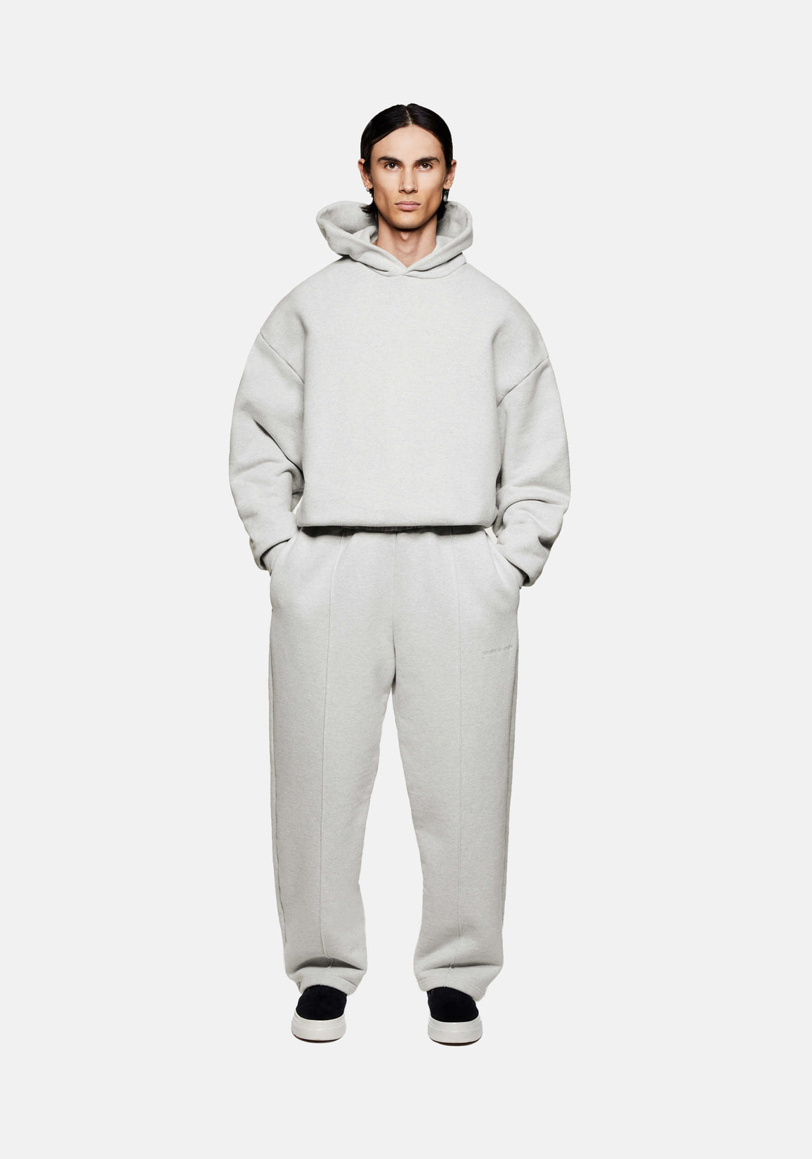 Full front view of the MKI MIYUKI ZOKU 800 GSM Superweight Hoody in Oatmeal, in a boxy oversized fit