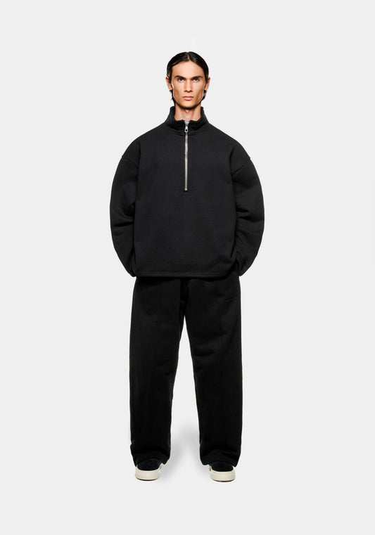 Full front view of the MKI 800gsm Superweight Luxury Quarter Zip Pullover Top in black in a boxy oversized fit