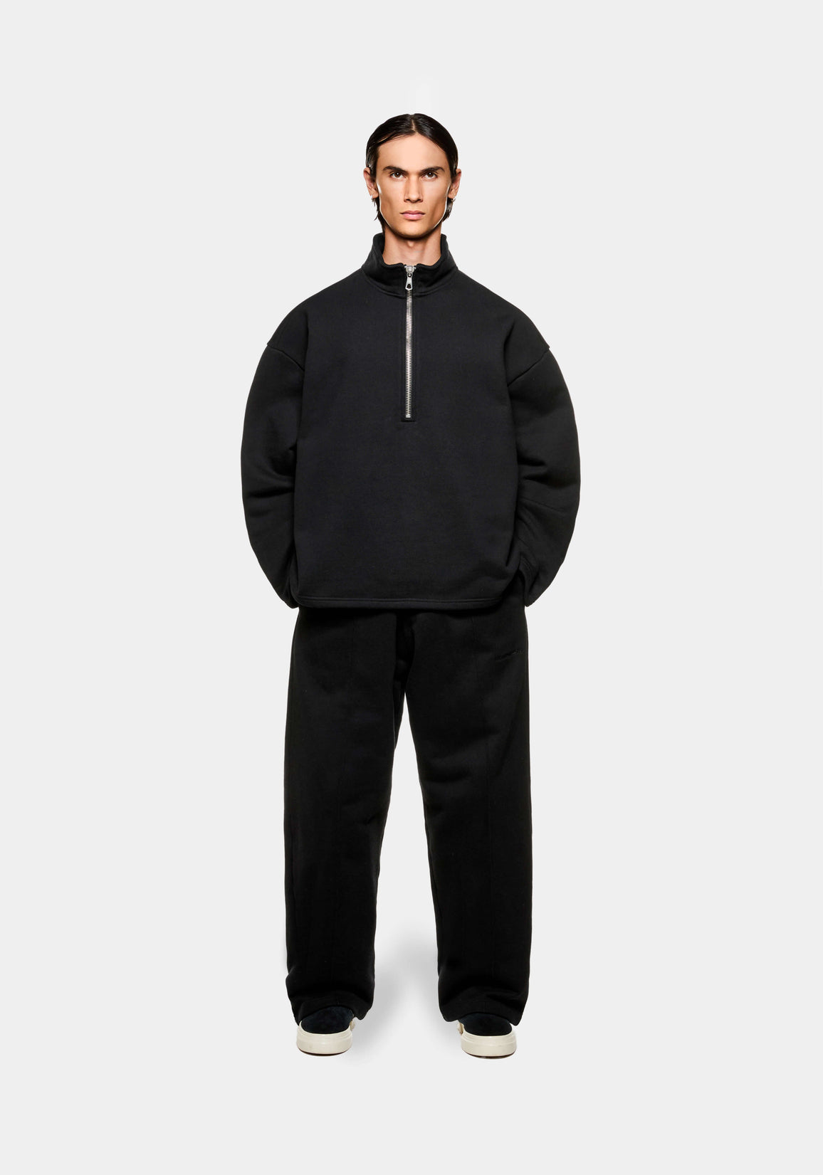 MKI MIYUKI ZOKU 800 GSM Superweight Quarter Zip in Black – full-length front view on the model showing the funnel neck, silver quarter zip and oversized fit, worn with the matching wide leg joggers
