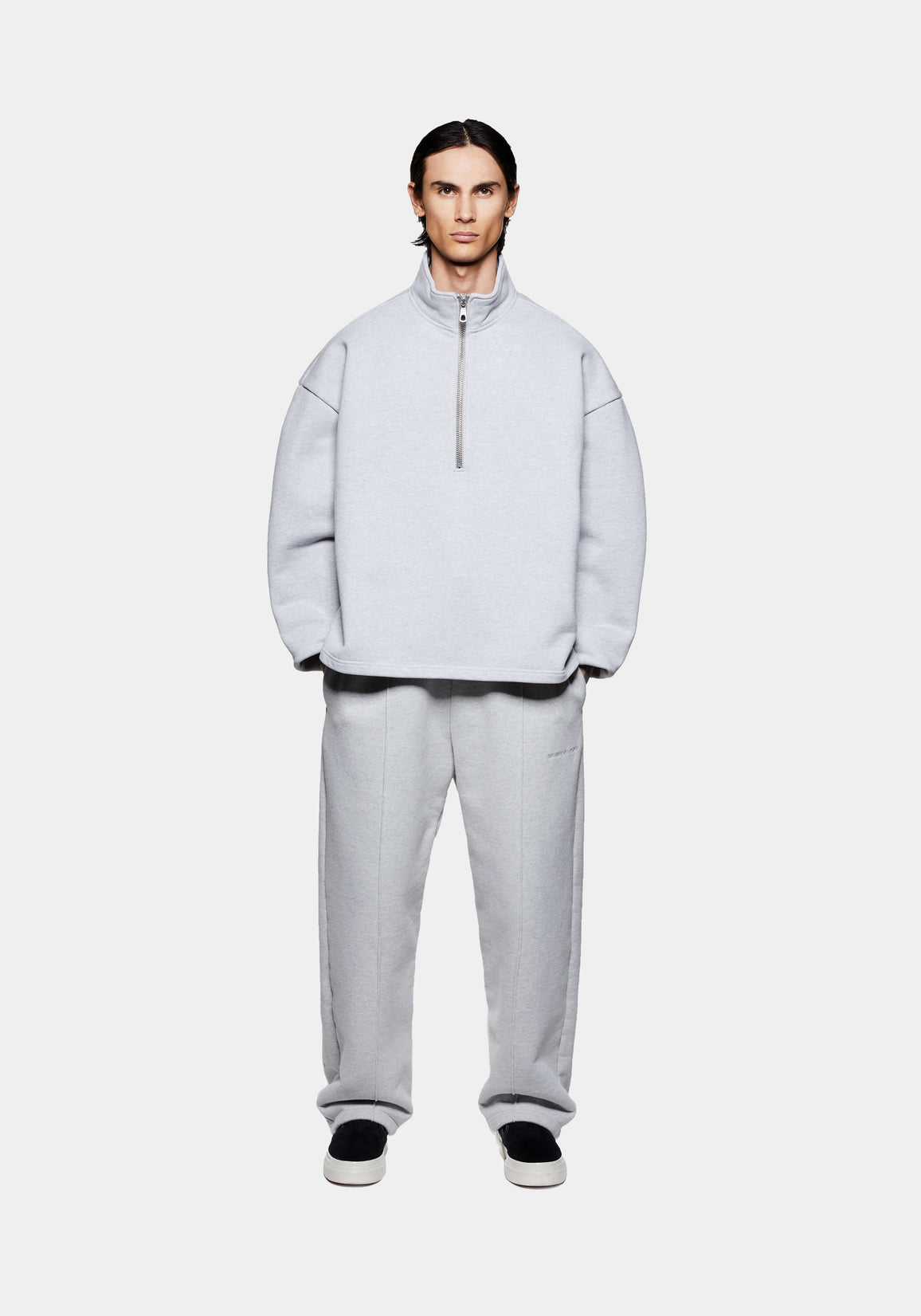 MKI MIYUKI ZOKU 800 GSM Superweight Quarter Zip in Grey – full-length front view on the model showing the funnel neck, silver quarter zip and oversized fit, worn with the matching wide leg joggers