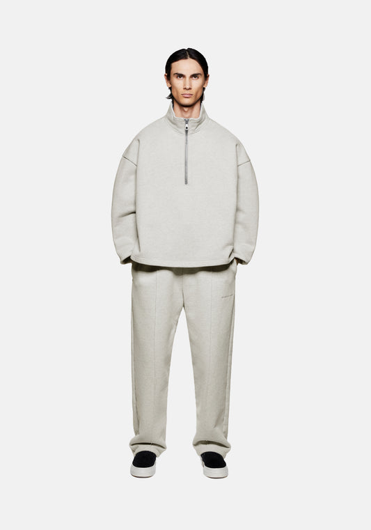 Full front view of the MKI 800gsm Superweight Luxury Quarter Zip Pullover Top in oatmeal in a boxy oversized fit