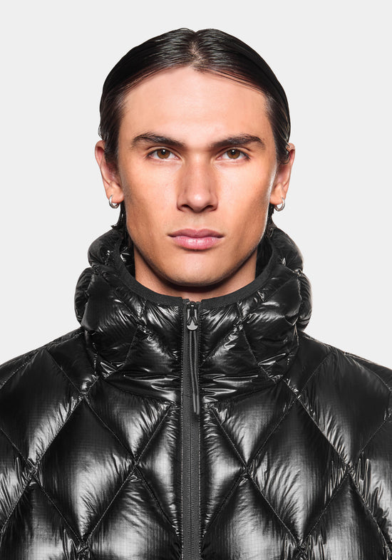 Close-up of the collar on the Diamond Down Jacket in Black, styled with the hood down