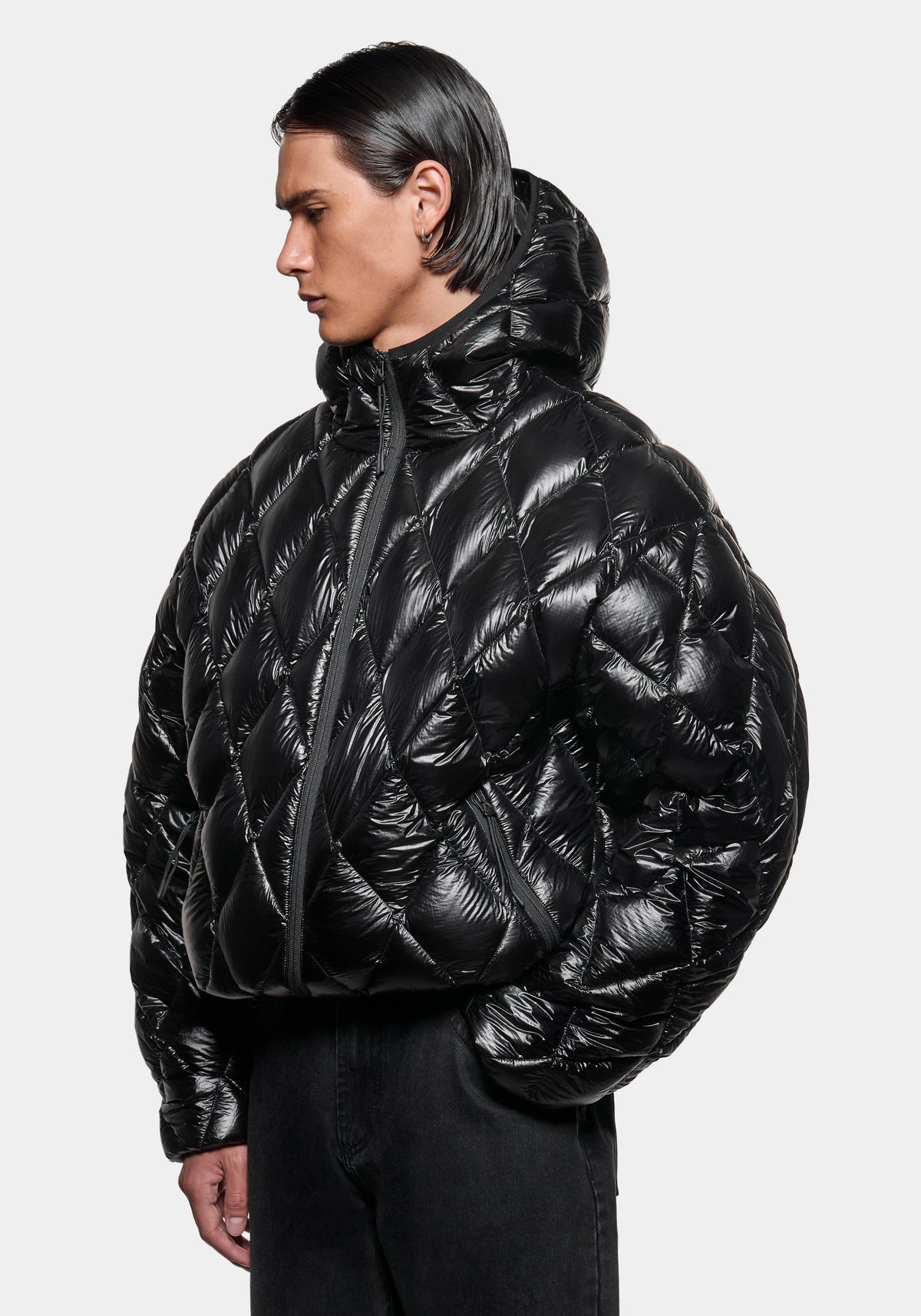 Front angle view with the hood up on the Diamond Down Jacket in Black