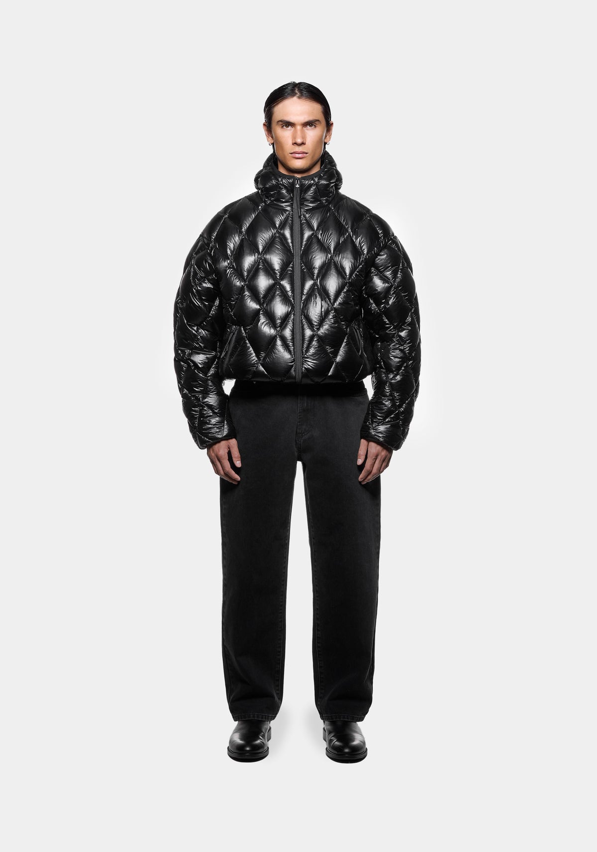 Full front view of the MKI MIYUKI ZOKU Diamond Down Jacket in Black, styled with the hood down