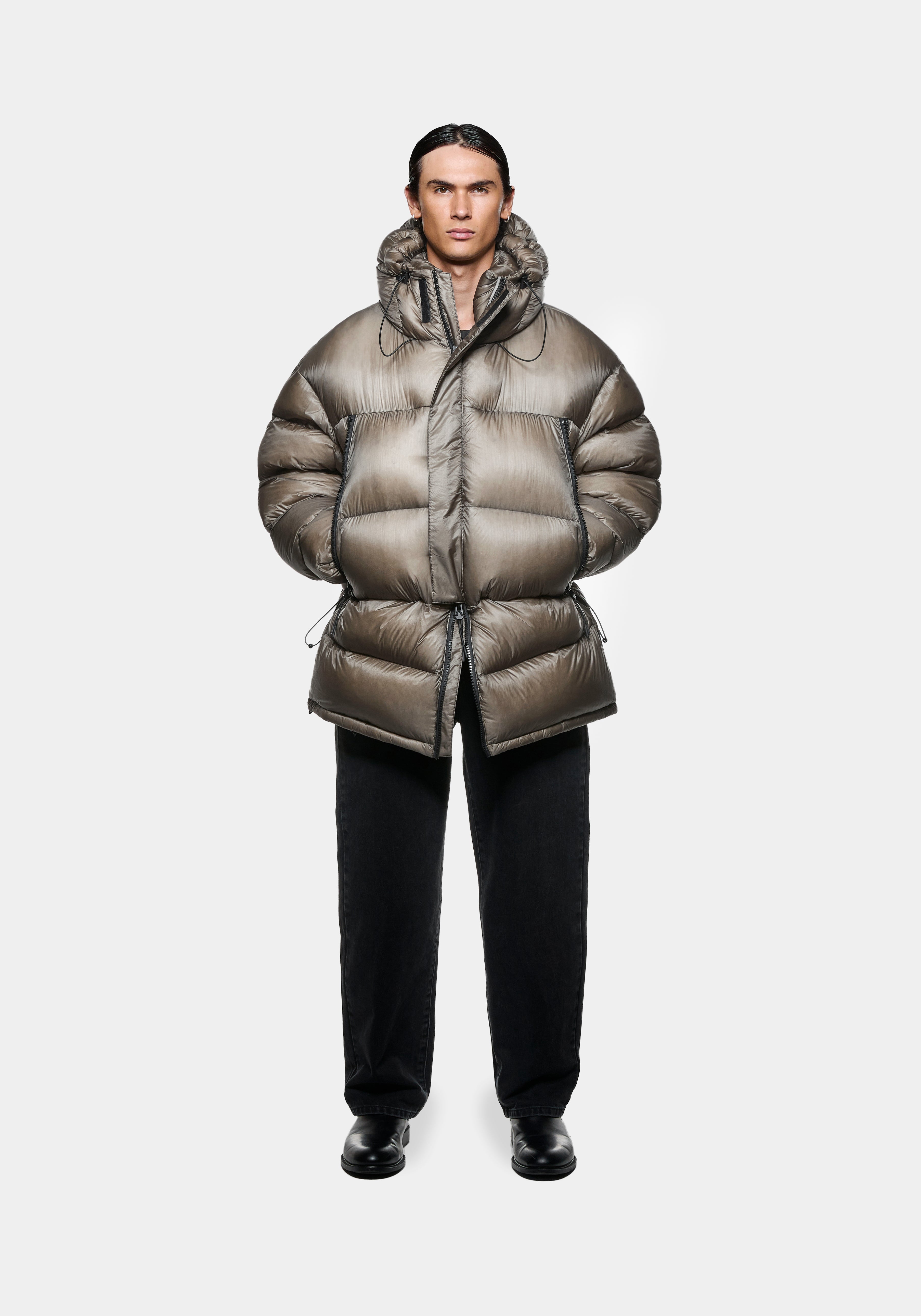 Full front view of the MKI MIYUKI ZOKU Apex Down Parka in Moss