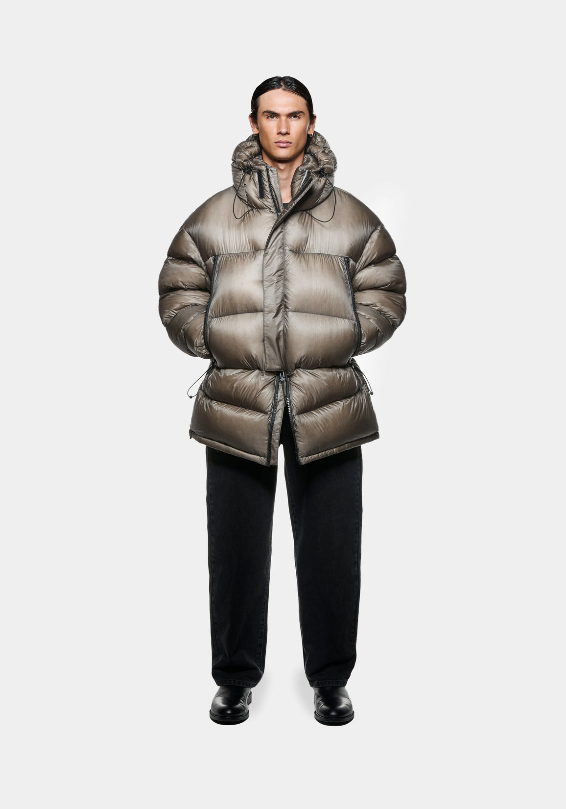 Full front view of the MKI MIYUKI ZOKU Apex Down Parka in Moss