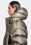 Close-up of the contrast exposed seam detail on the Apex Down Parka in Moss