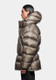 Close-up rear view of the hood up on the Apex Down Parka in Moss