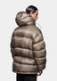 Close-up front view of the hood up on the Apex Down Parka in Moss
