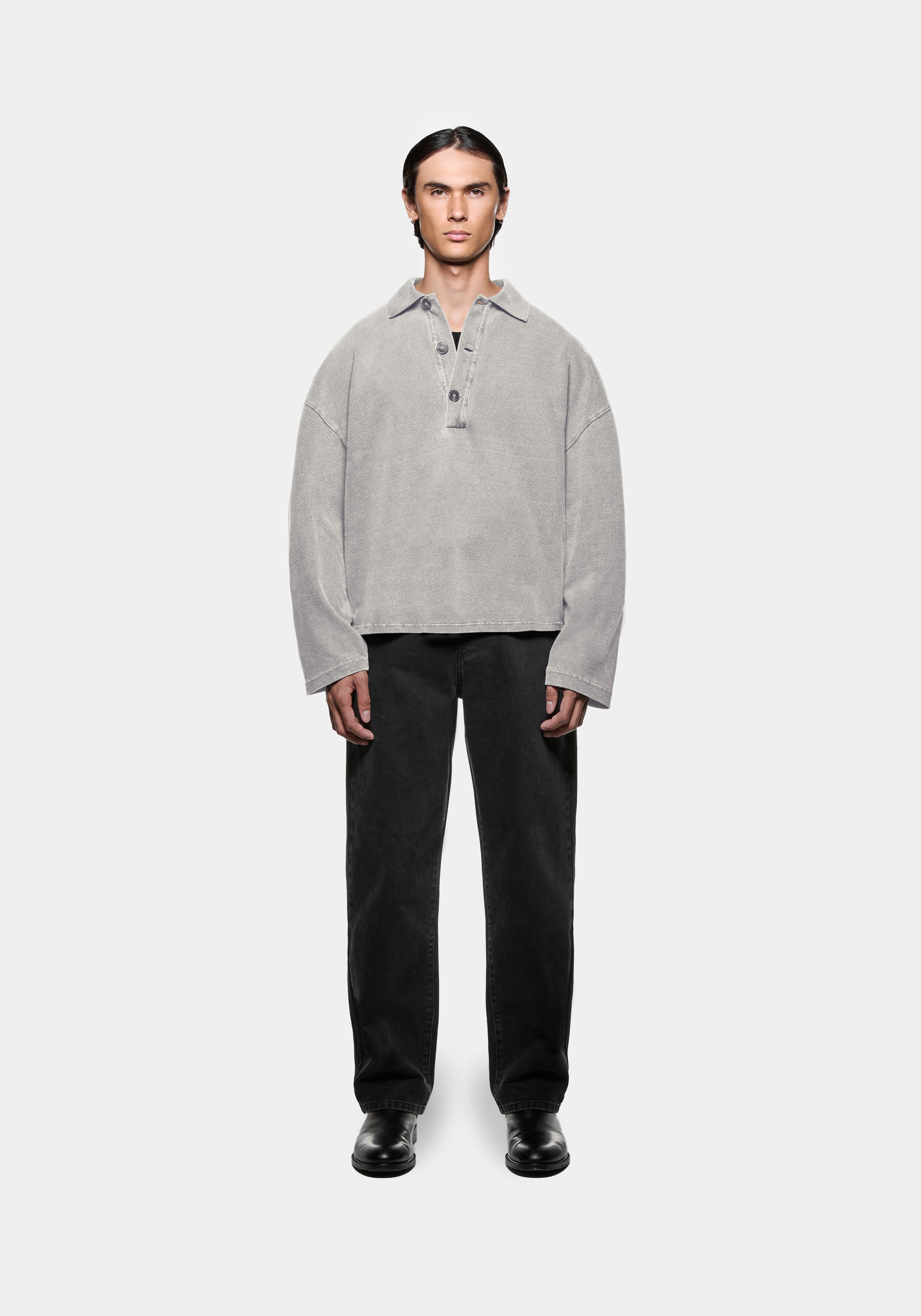 MKI MIYUKI ZOKU 400 GSM Pigment Dyed Rugby Shirt in Pigment Stone, front view, styled with black denim jeans
